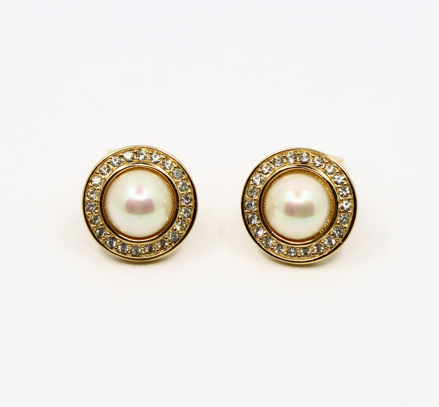 Vintage Christian Dior Gold Tone Rhinestone Round Dome Faux Pearl Earring