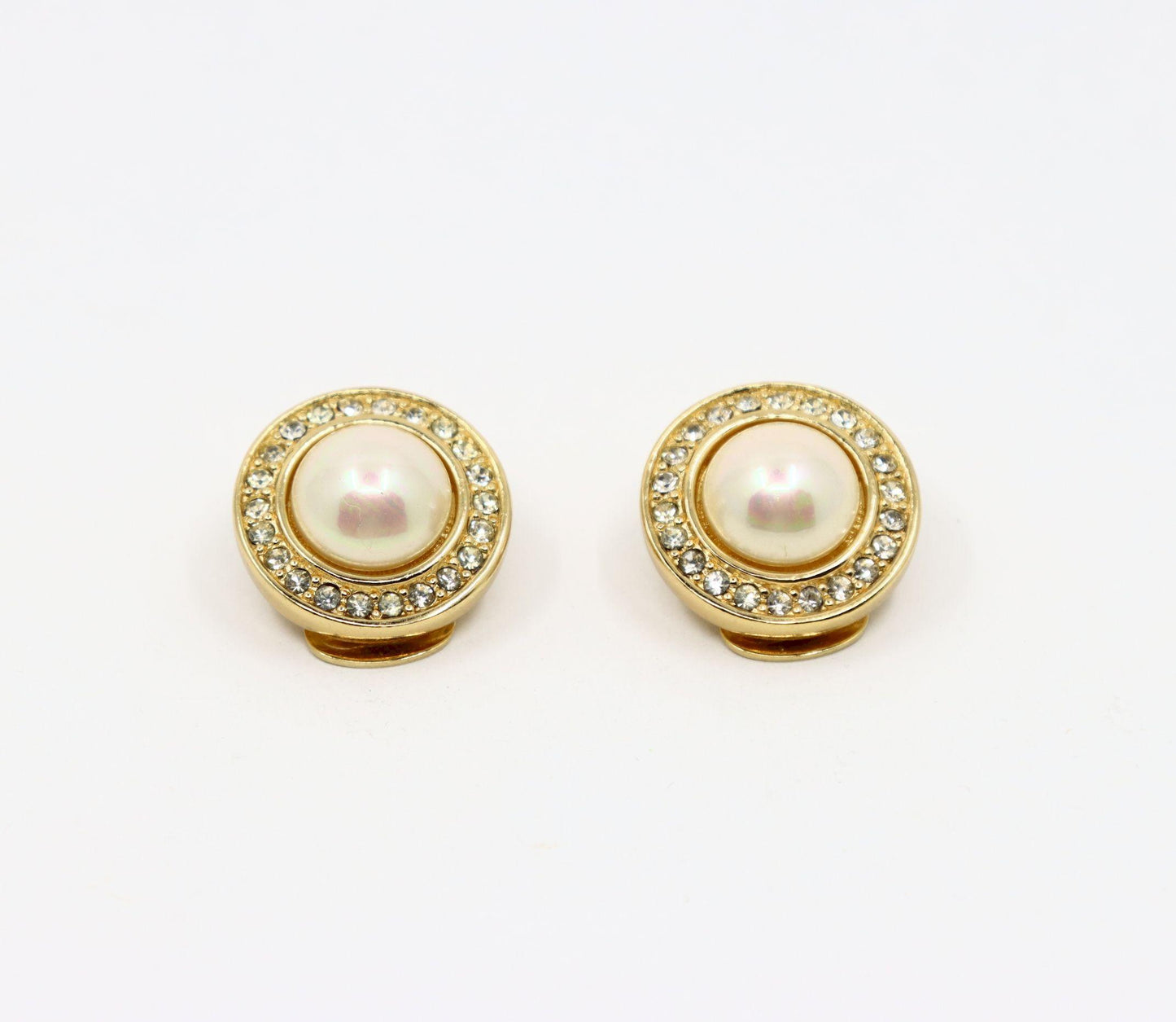 Vintage Christian Dior Gold Tone Rhinestone Round Dome Faux Pearl Earring
