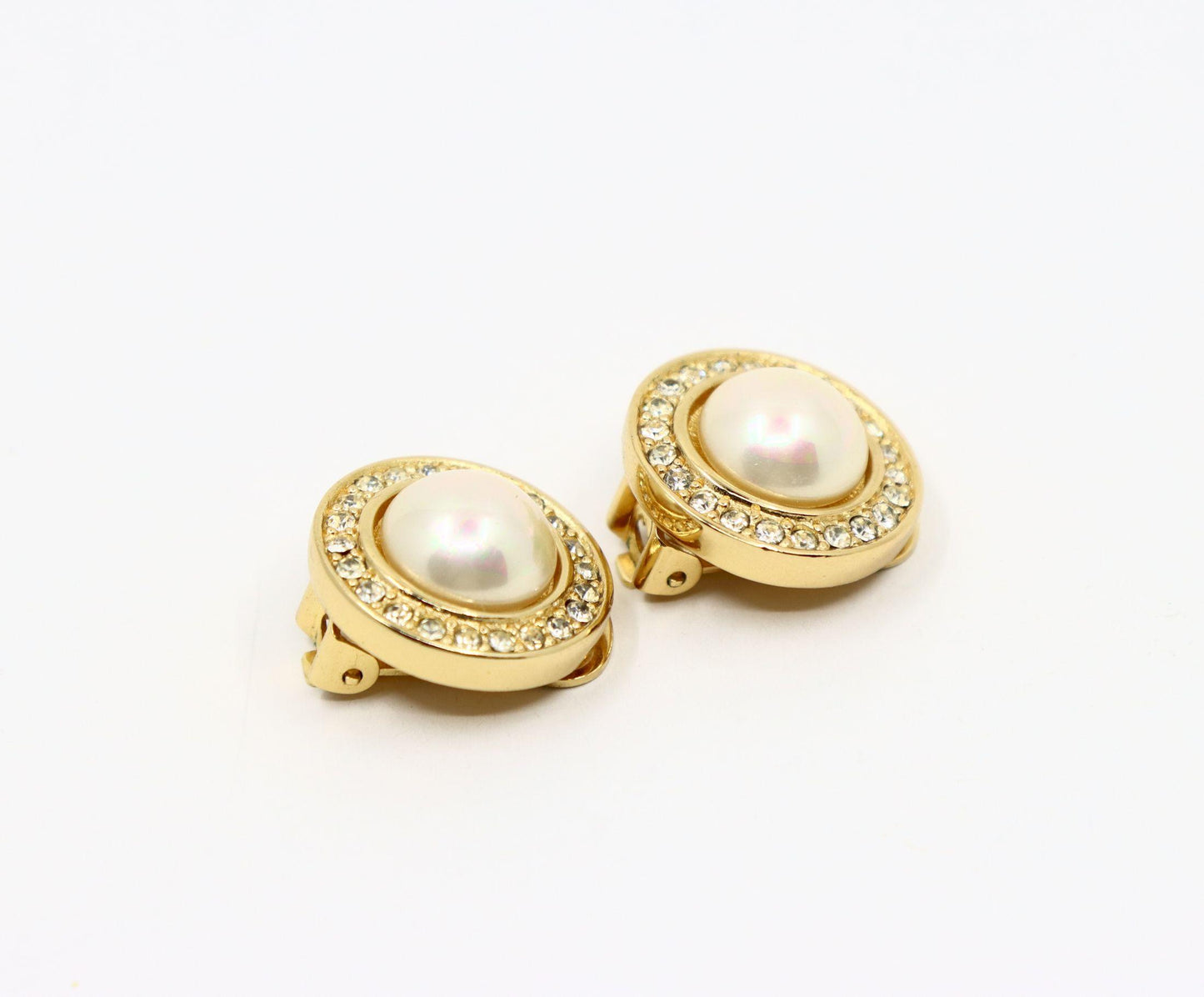 Vintage Christian Dior Gold Tone Rhinestone Round Dome Faux Pearl Earring