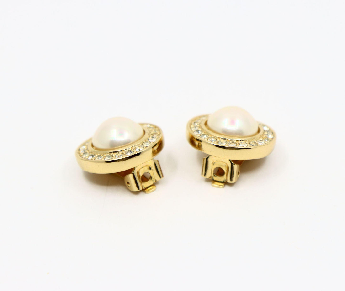 Vintage Christian Dior Gold Tone Rhinestone Round Dome Faux Pearl Earring