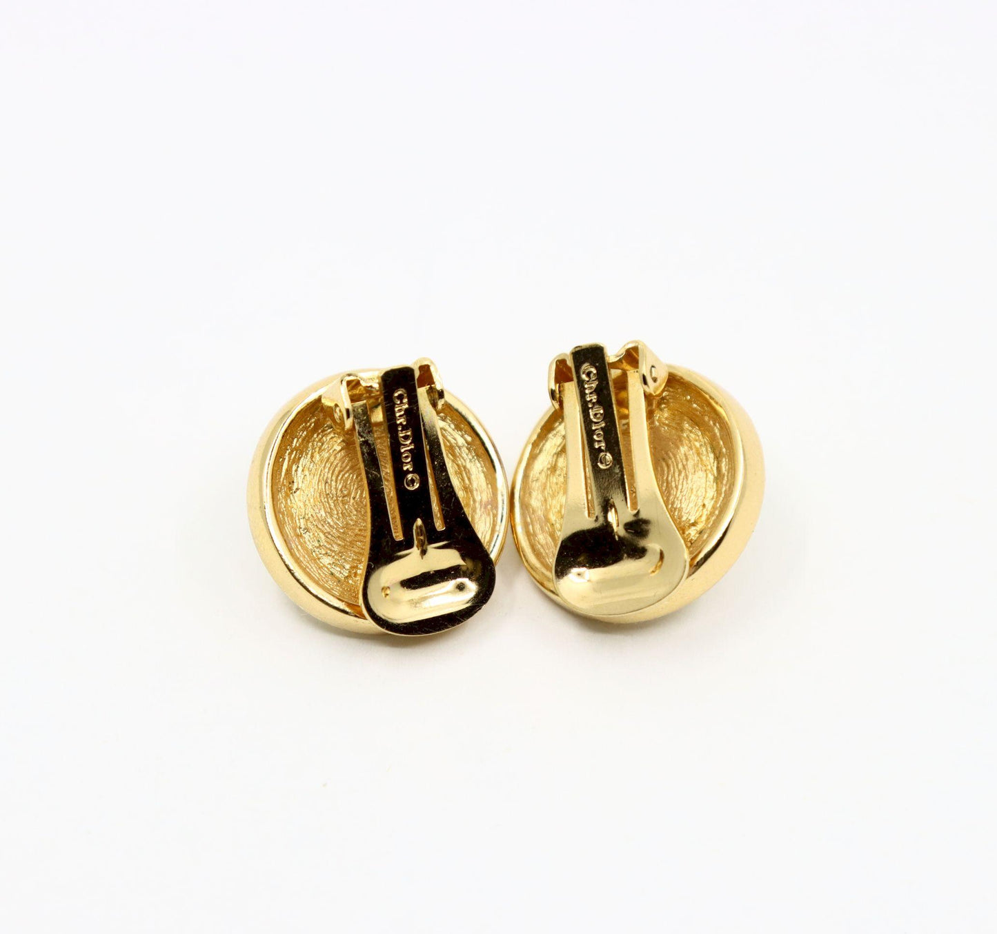 Vintage Christian Dior Gold Tone Rhinestone Round Dome Faux Pearl Earring