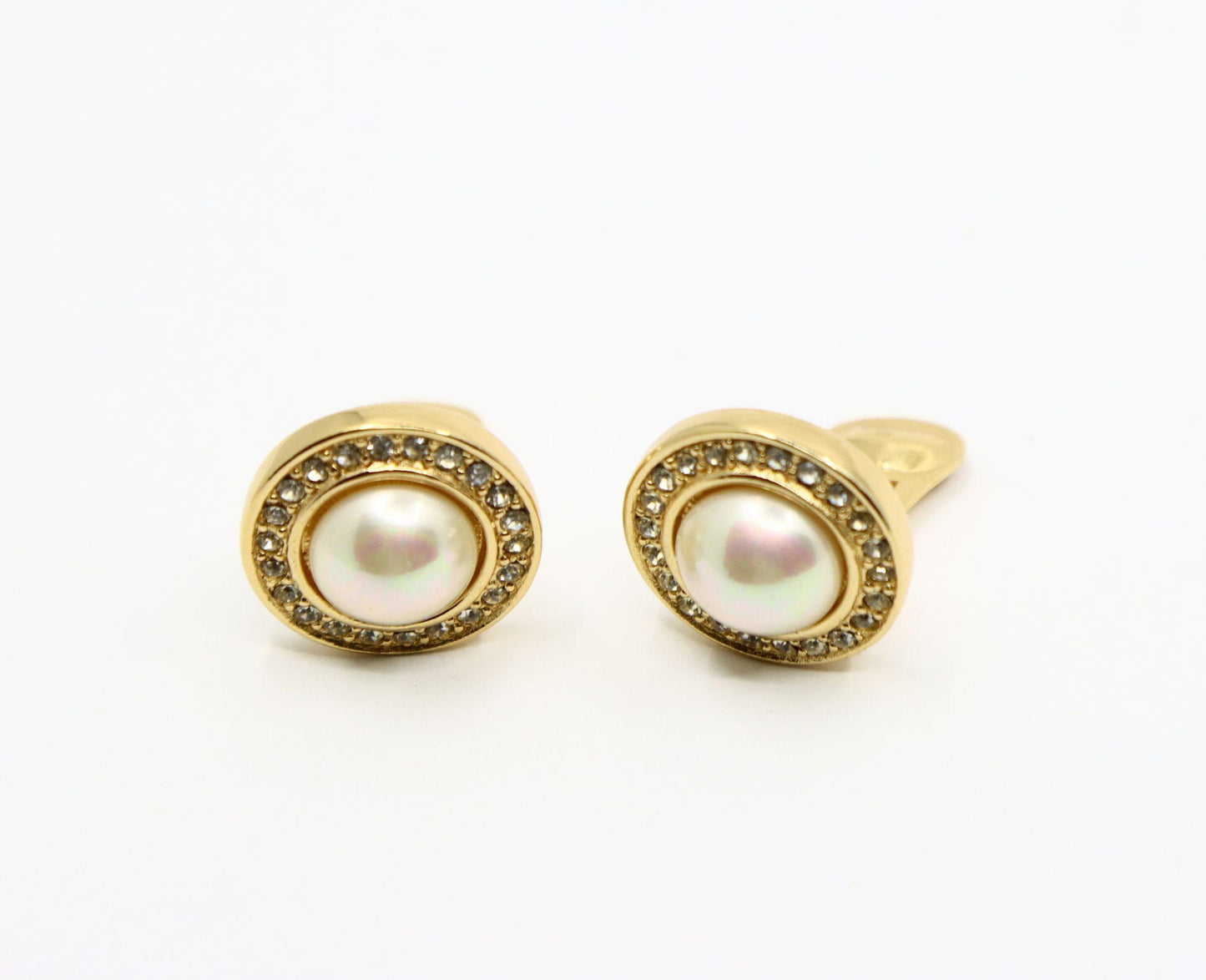 Vintage Christian Dior Gold Tone Rhinestone Round Dome Faux Pearl Earring