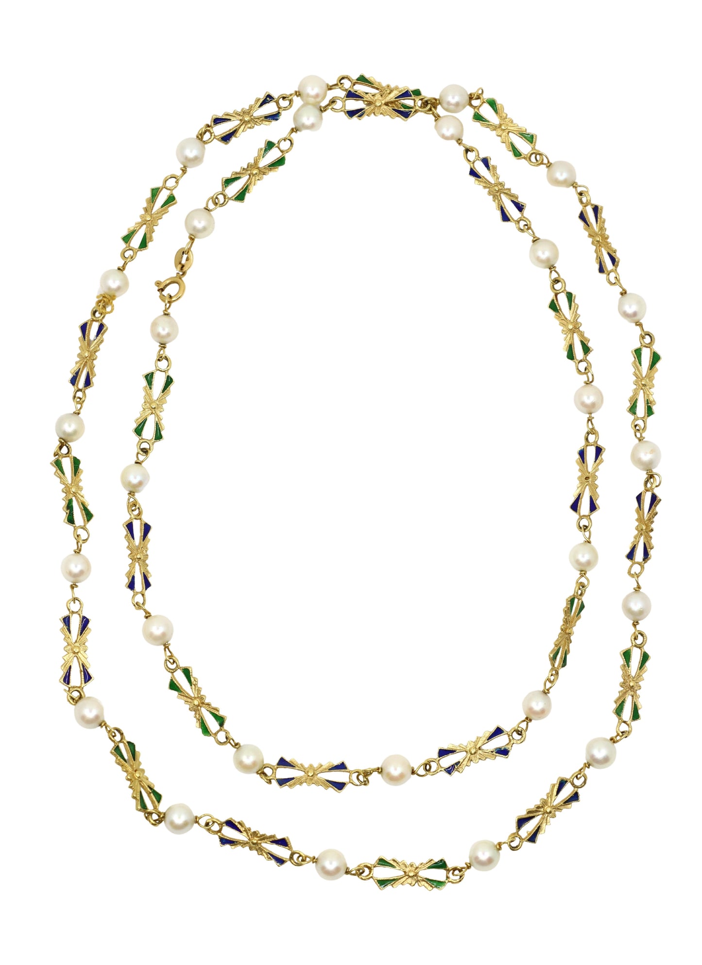 18K Gold Pearl Enamel Necklace