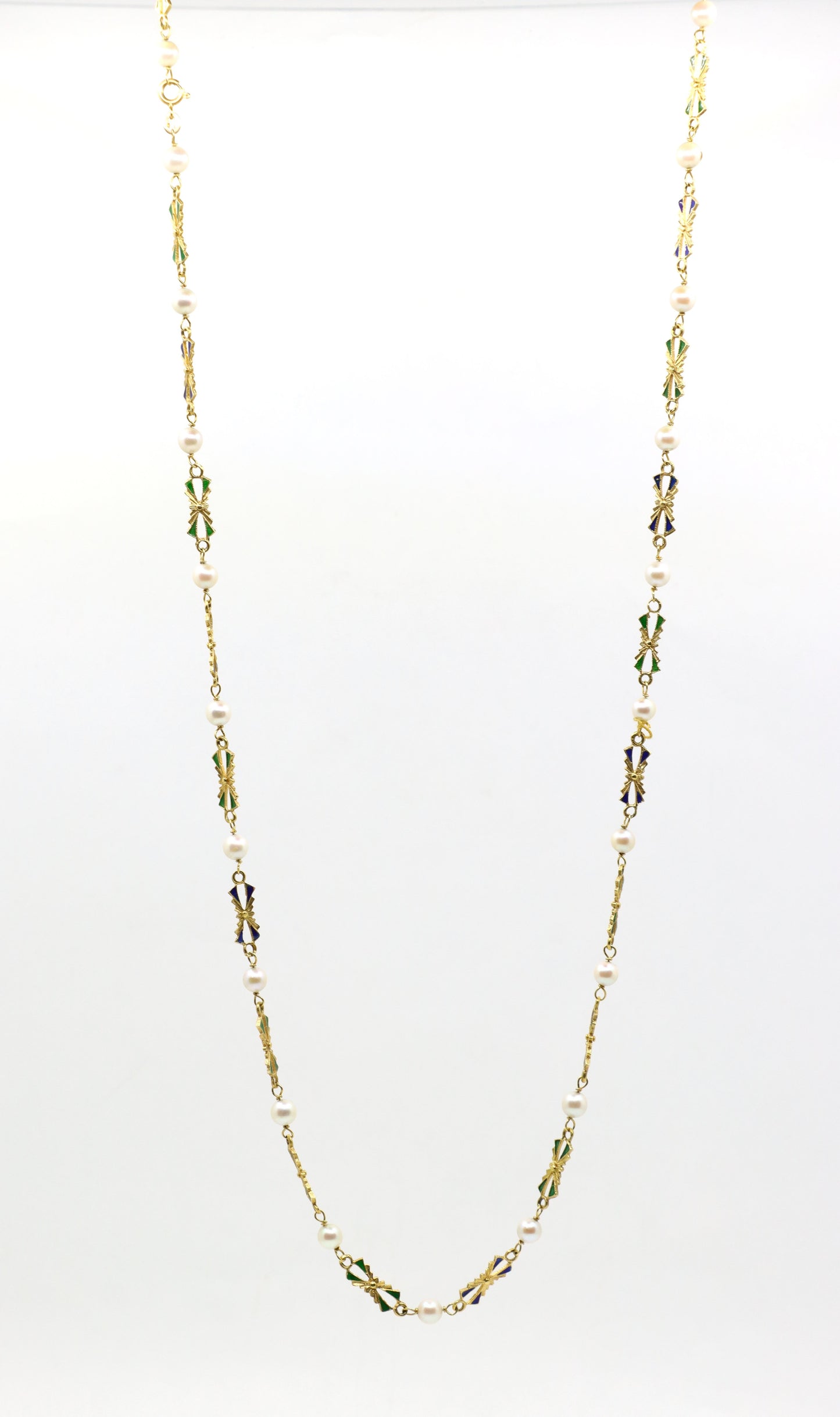 18K Gold Pearl Enamel Necklace
