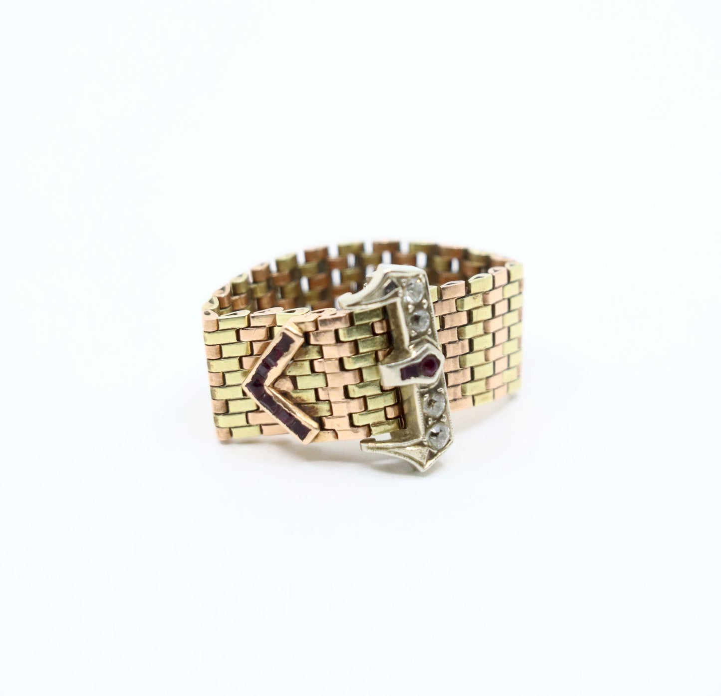 Retro 14K Tri-Tone Gold Diamond Ruby Buckle Ring