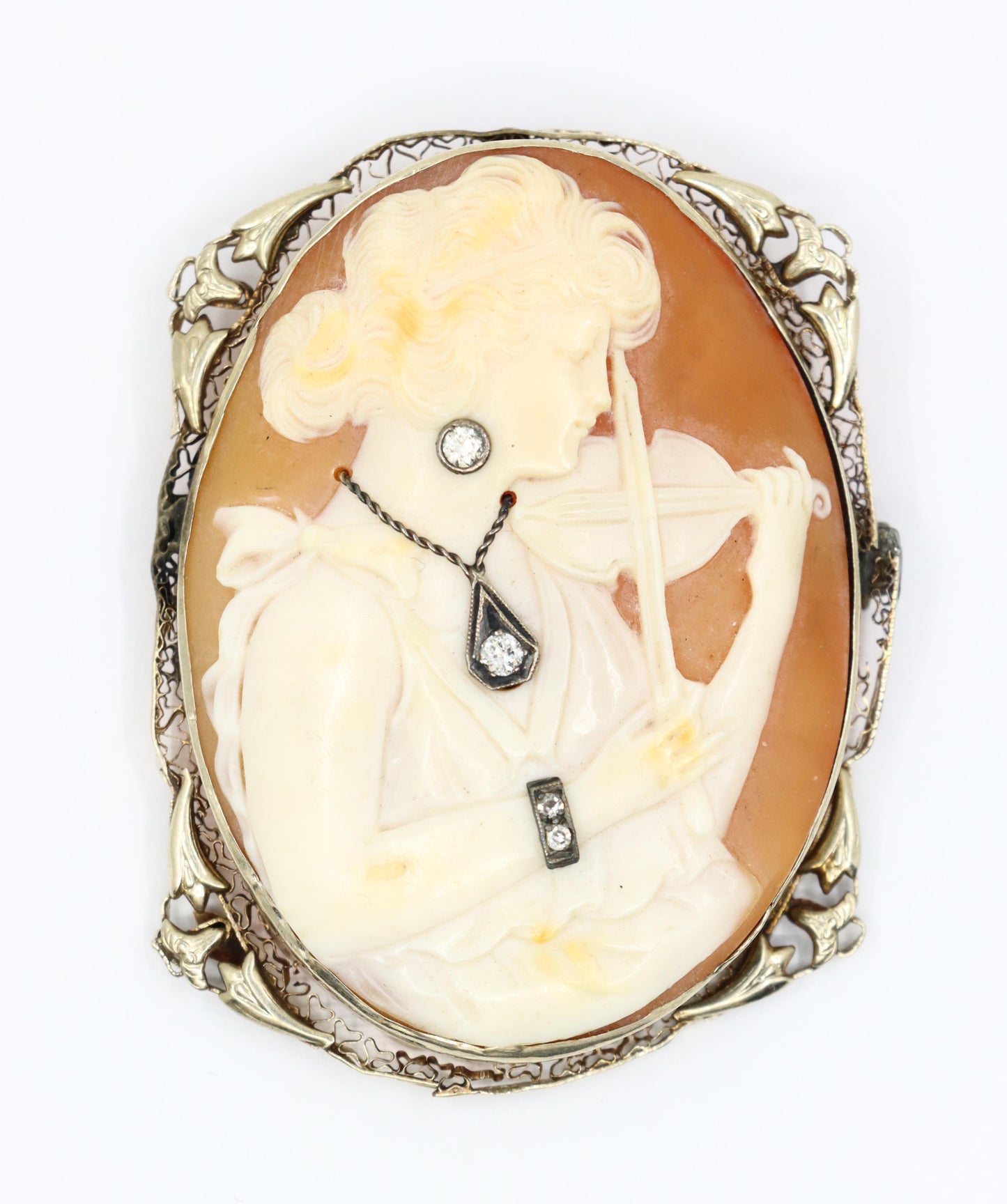 Antique 14K Gold Diamond Violinist Cameo Brooch