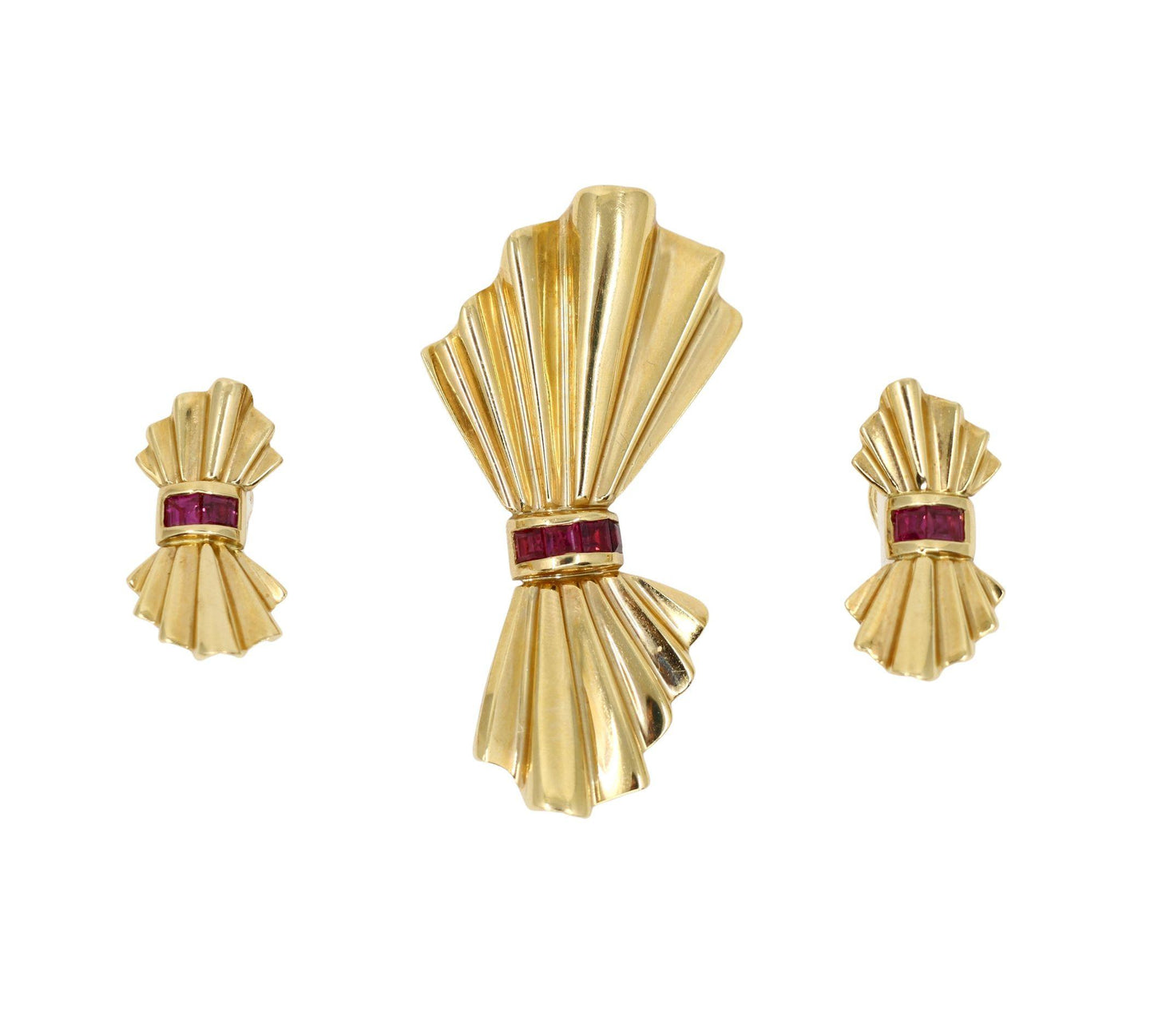 Tiffany & Co. 14K Gold Ruby Bow Clip Earrings & Brooch