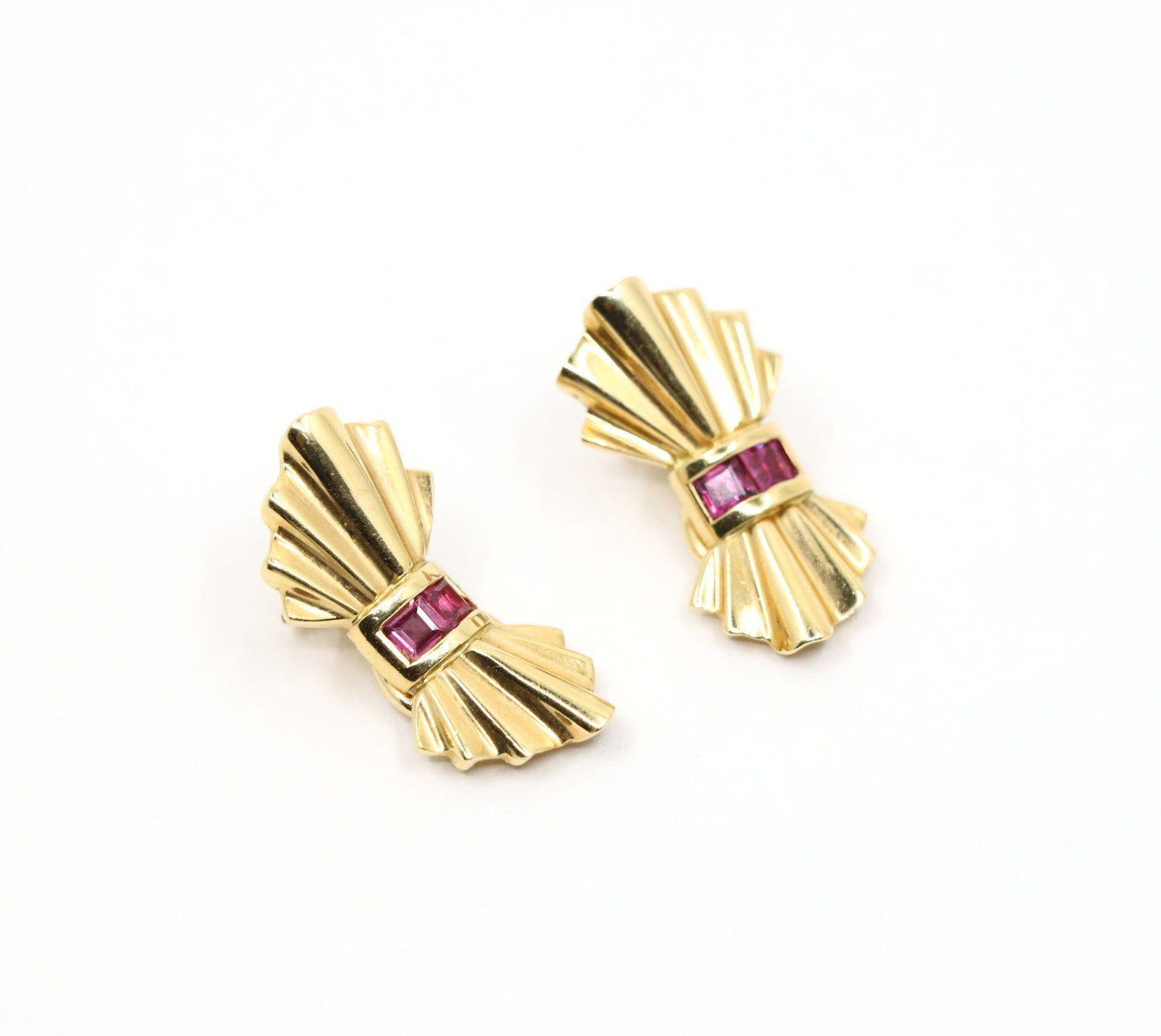 Tiffany & Co. 14K Gold Ruby Bow Clip Earrings & Brooch
