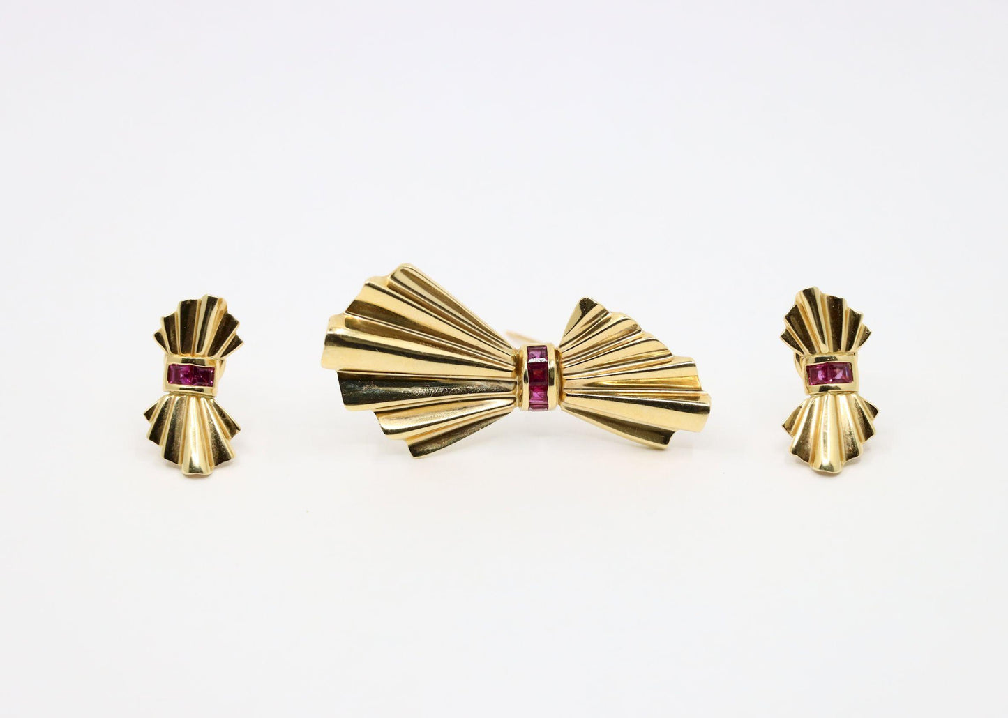 Tiffany & Co. 14K Gold Ruby Bow Clip Earrings & Brooch