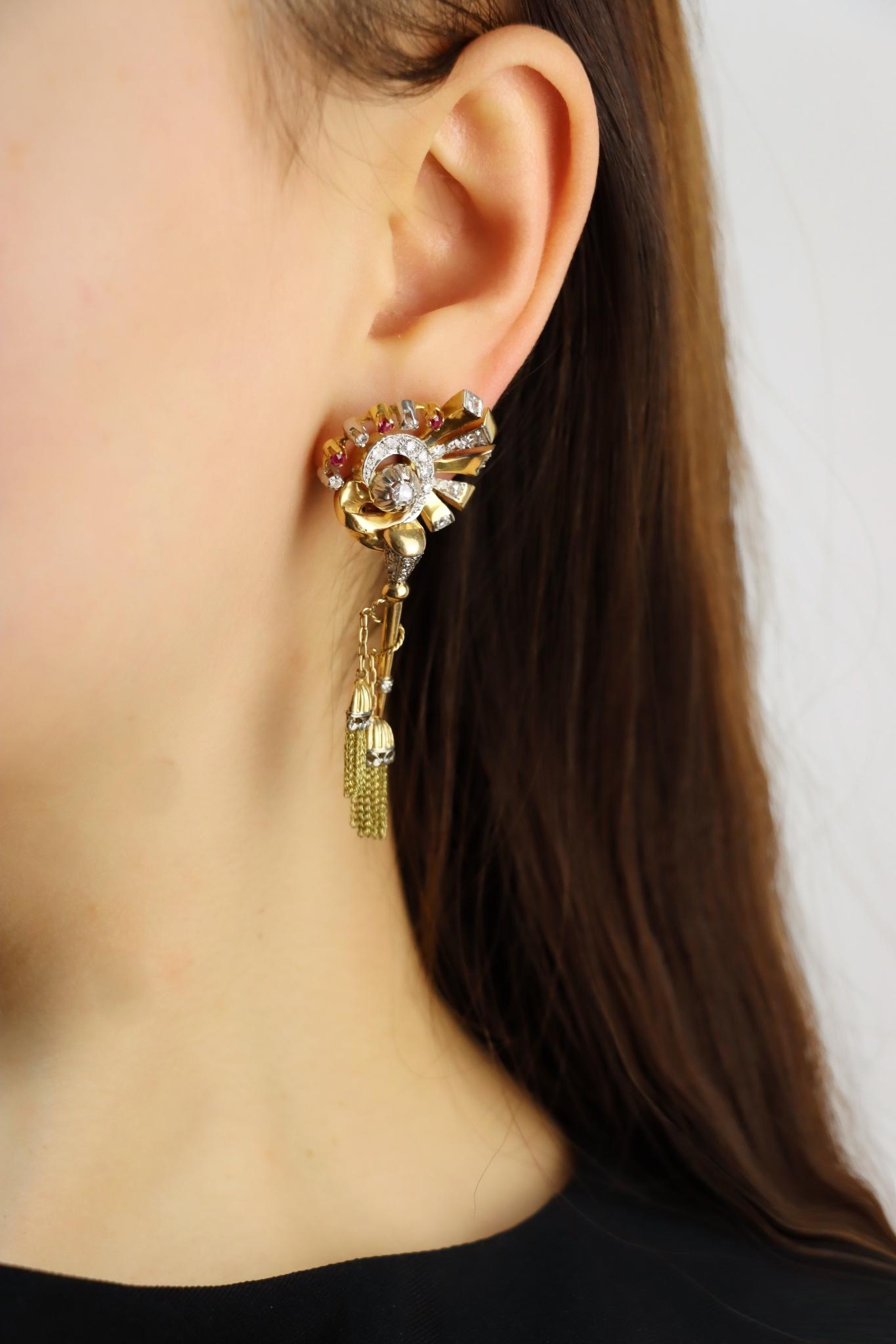 Vintage Retro 14K Gold Diamond Ruby Swirl Tassel Earrings