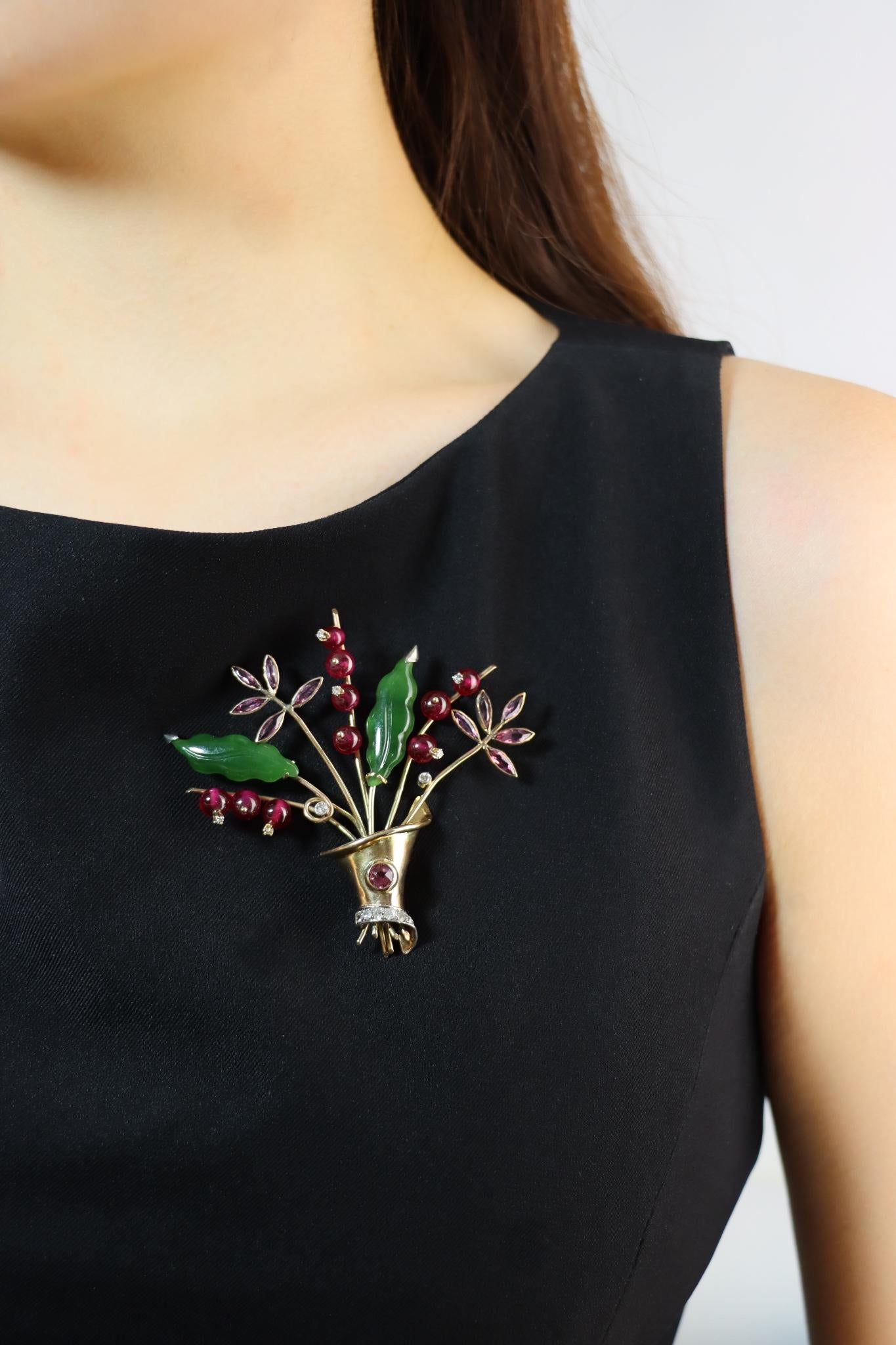Vintage Retro 14K Gold Diamond Ruby Amethyst Jade Flower Brooch