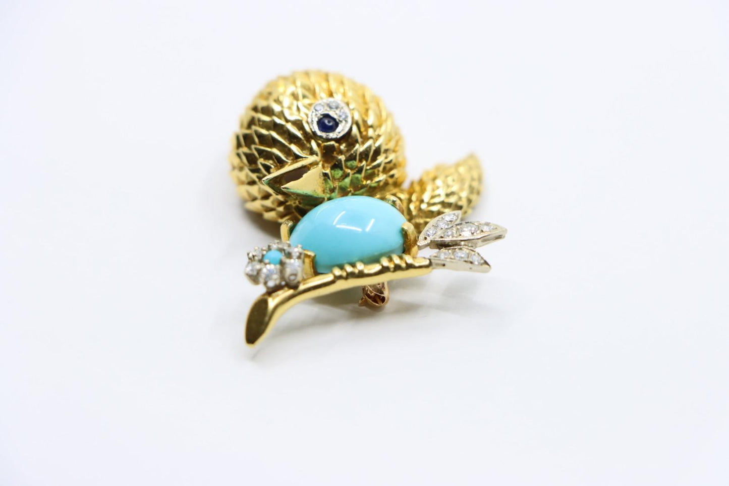 18K Gold Turquoise Diamond Robin Brooch Pin