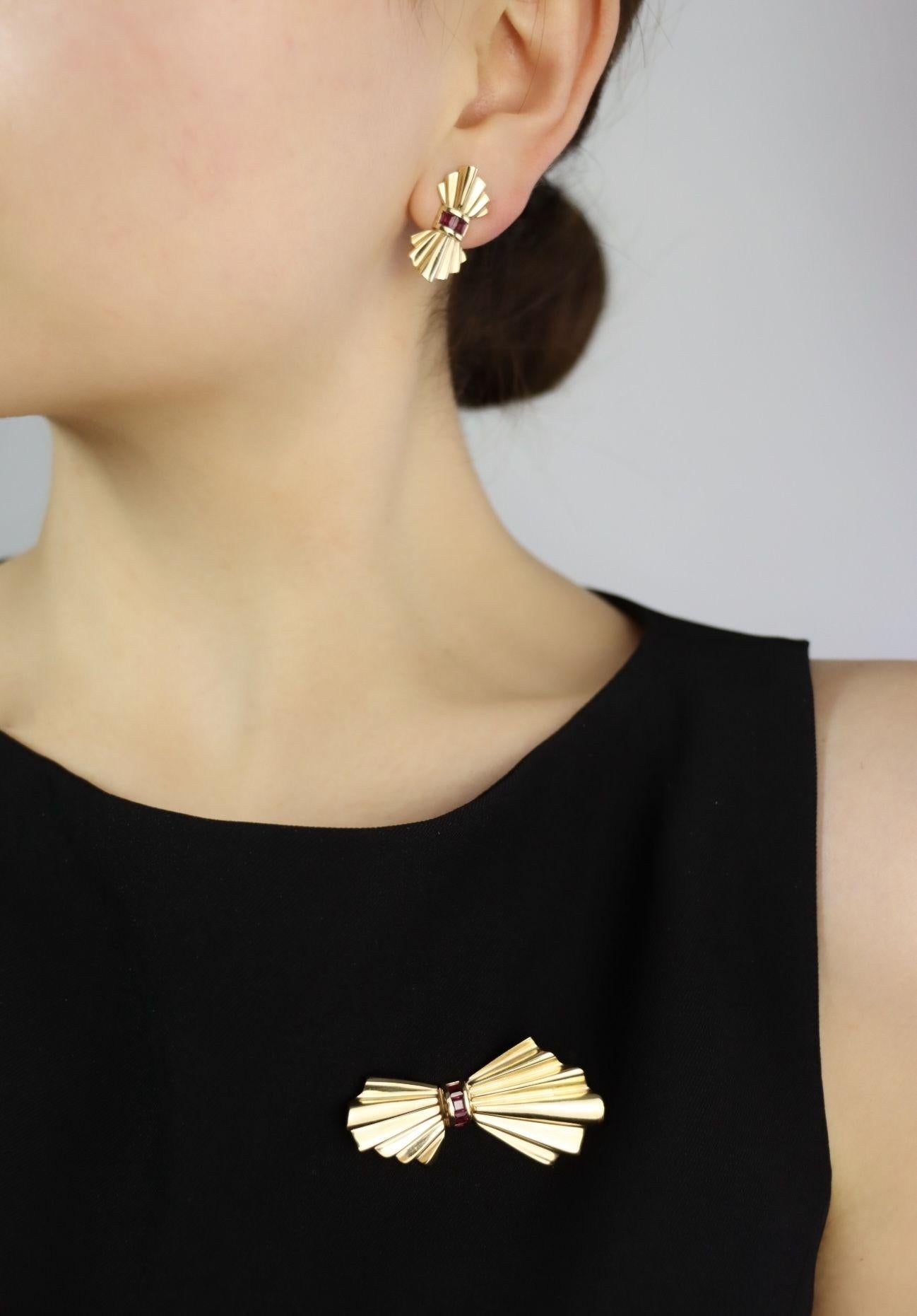 Tiffany & Co. 14K Gold Ruby Bow Clip Earrings & Brooch