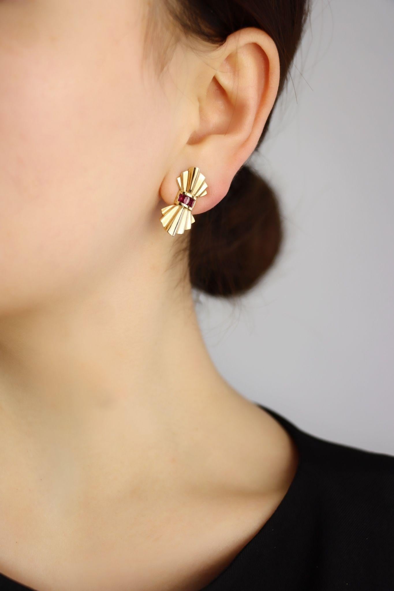 Tiffany & Co. 14K Gold Ruby Bow Clip Earrings & Brooch