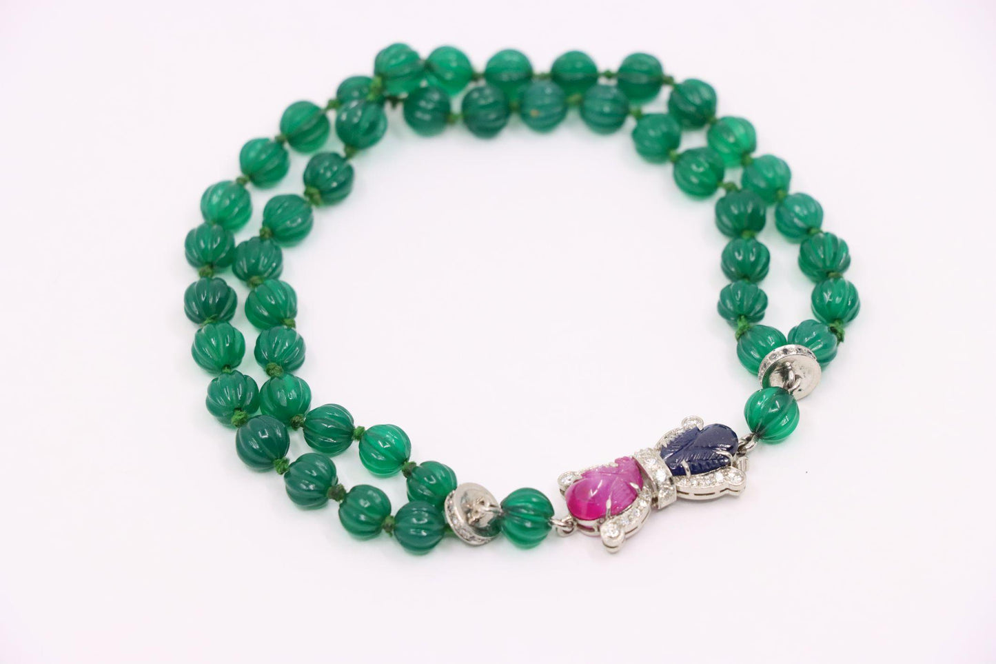 Art Deco Platinum Sapphire Ruby Chalcedony Beads Diamond Bracelet