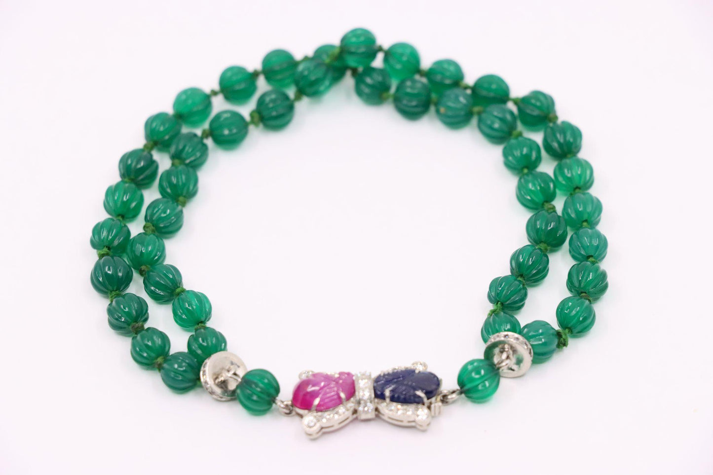 Art Deco Platinum Sapphire Ruby Chalcedony Beads Diamond Bracelet
