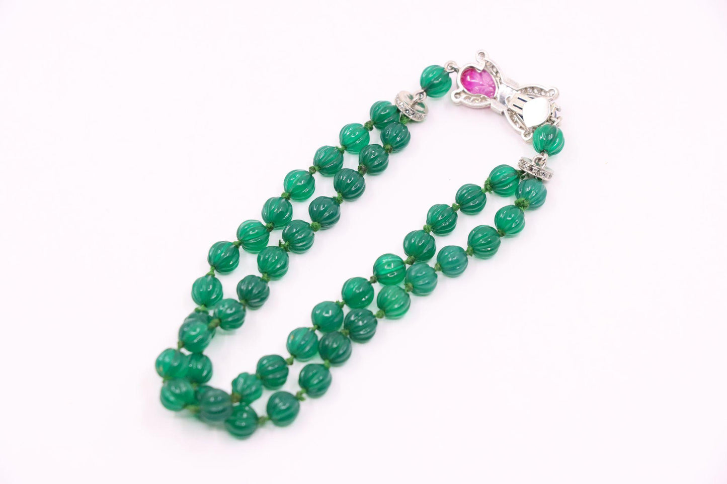 Art Deco Platinum Sapphire Ruby Chalcedony Beads Diamond Bracelet
