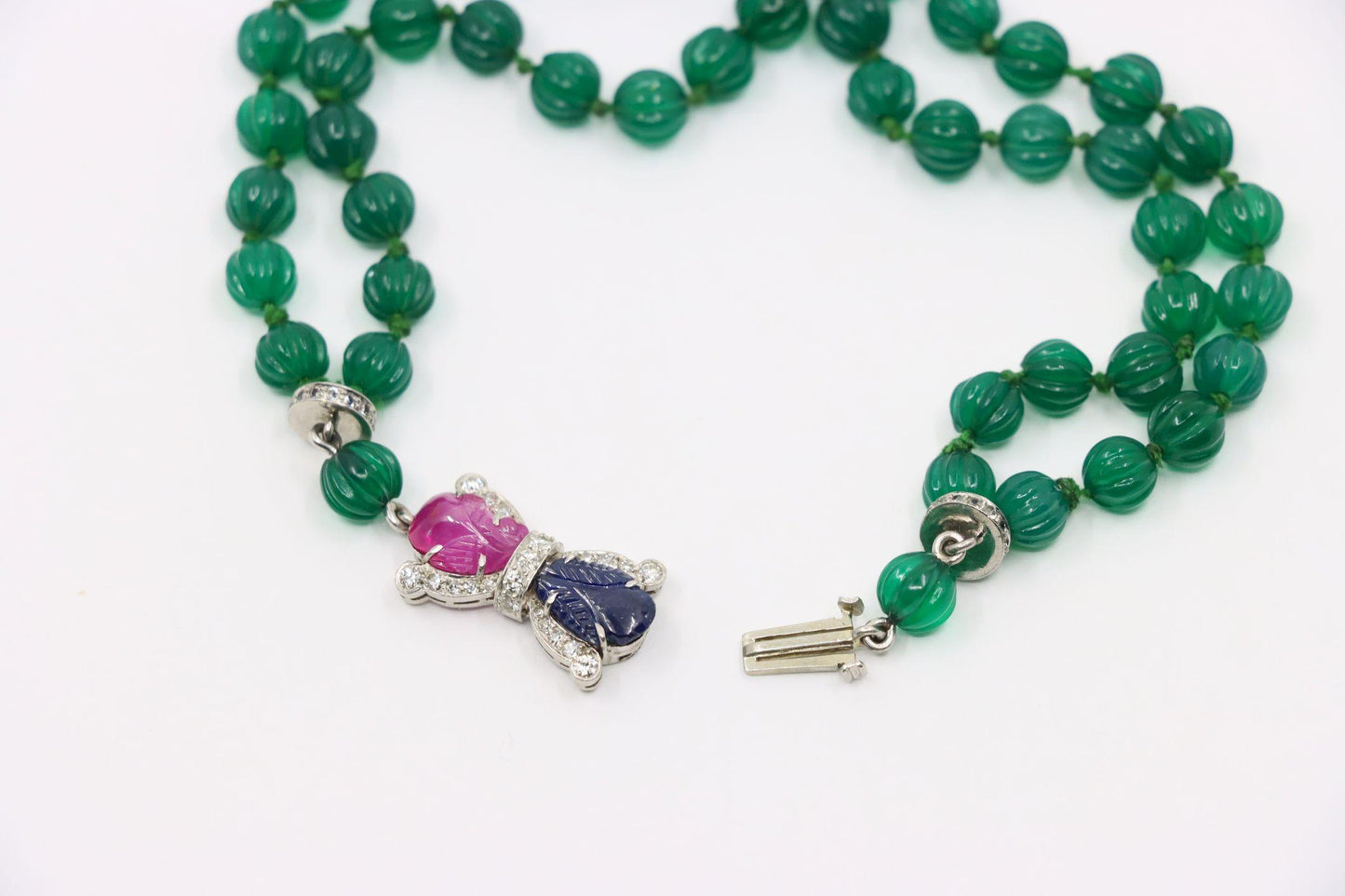 Art Deco Platinum Sapphire Ruby Chalcedony Beads Diamond Bracelet