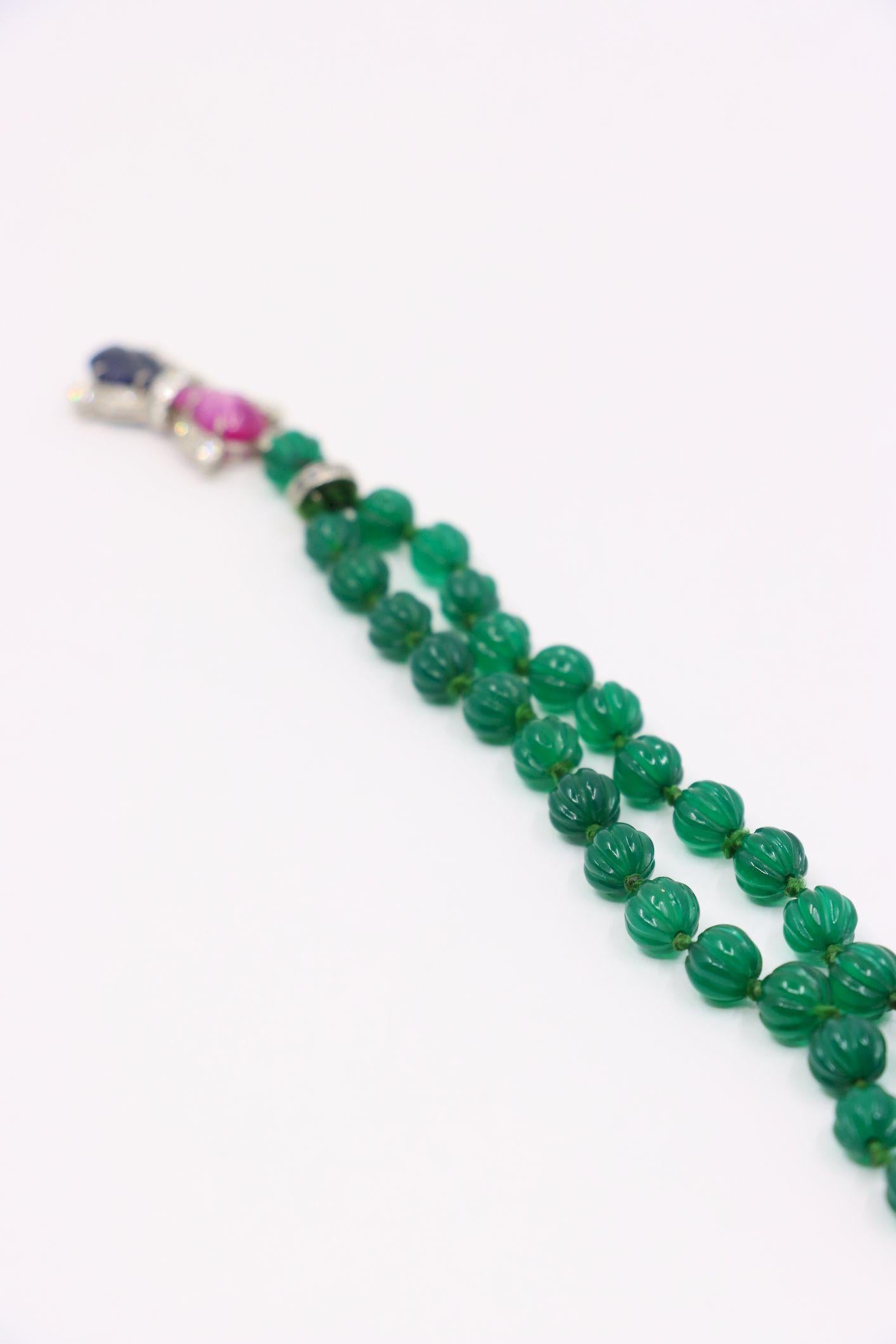 Art Deco Platinum Sapphire Ruby Chalcedony Beads Diamond Bracelet