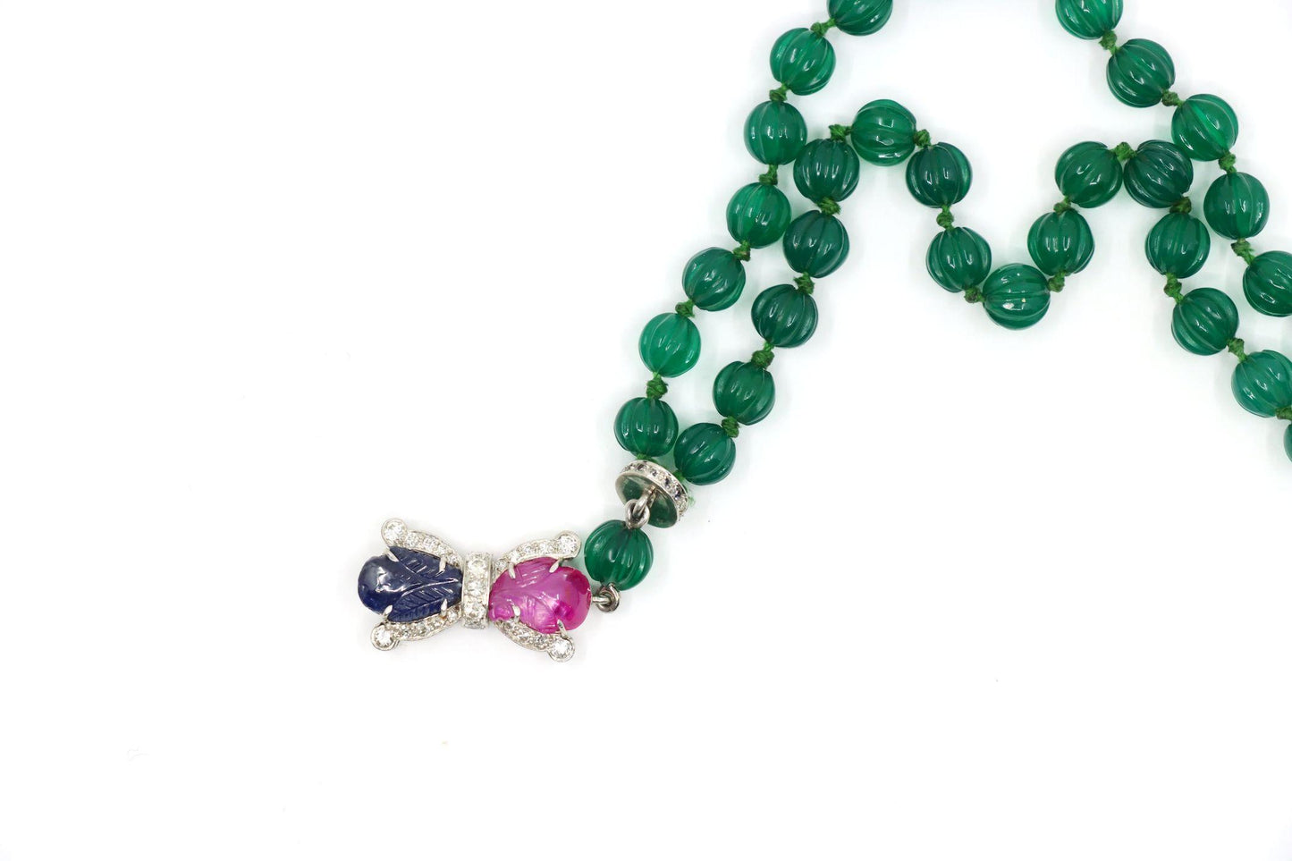 Art Deco Platinum Sapphire Ruby Chalcedony Beads Diamond Bracelet