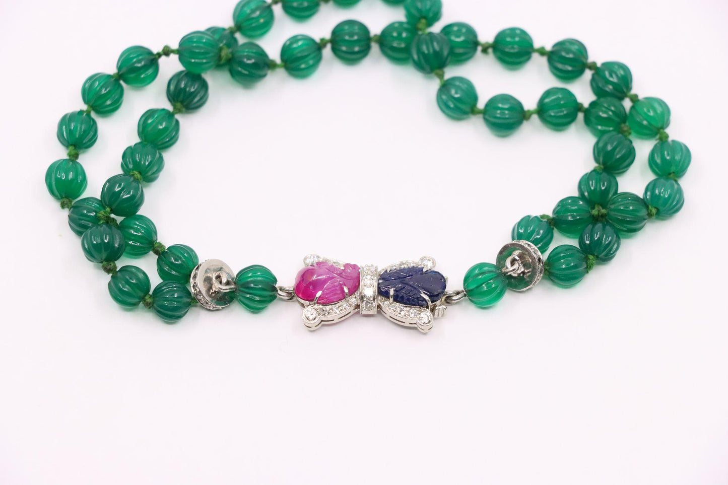 Art Deco Platinum Sapphire Ruby Chalcedony Beads Diamond Bracelet