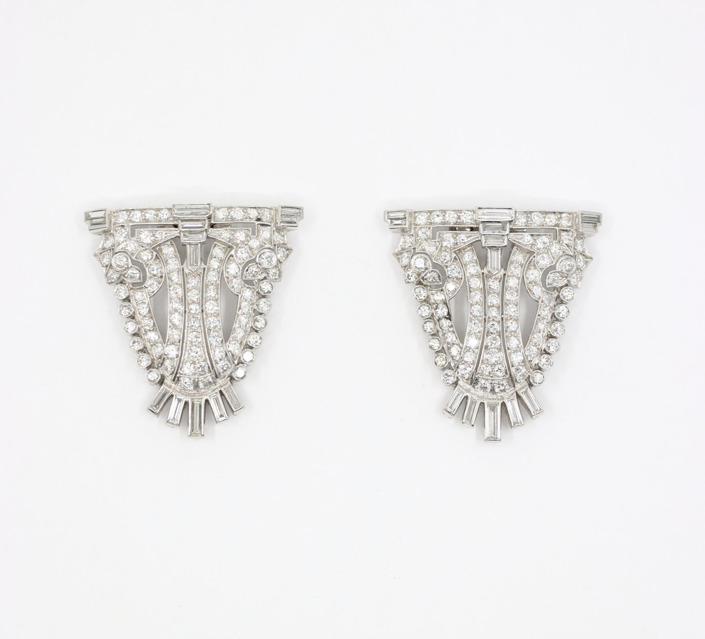 Vintage Art Deco Style Platinum Diamond Double Brooch Clips