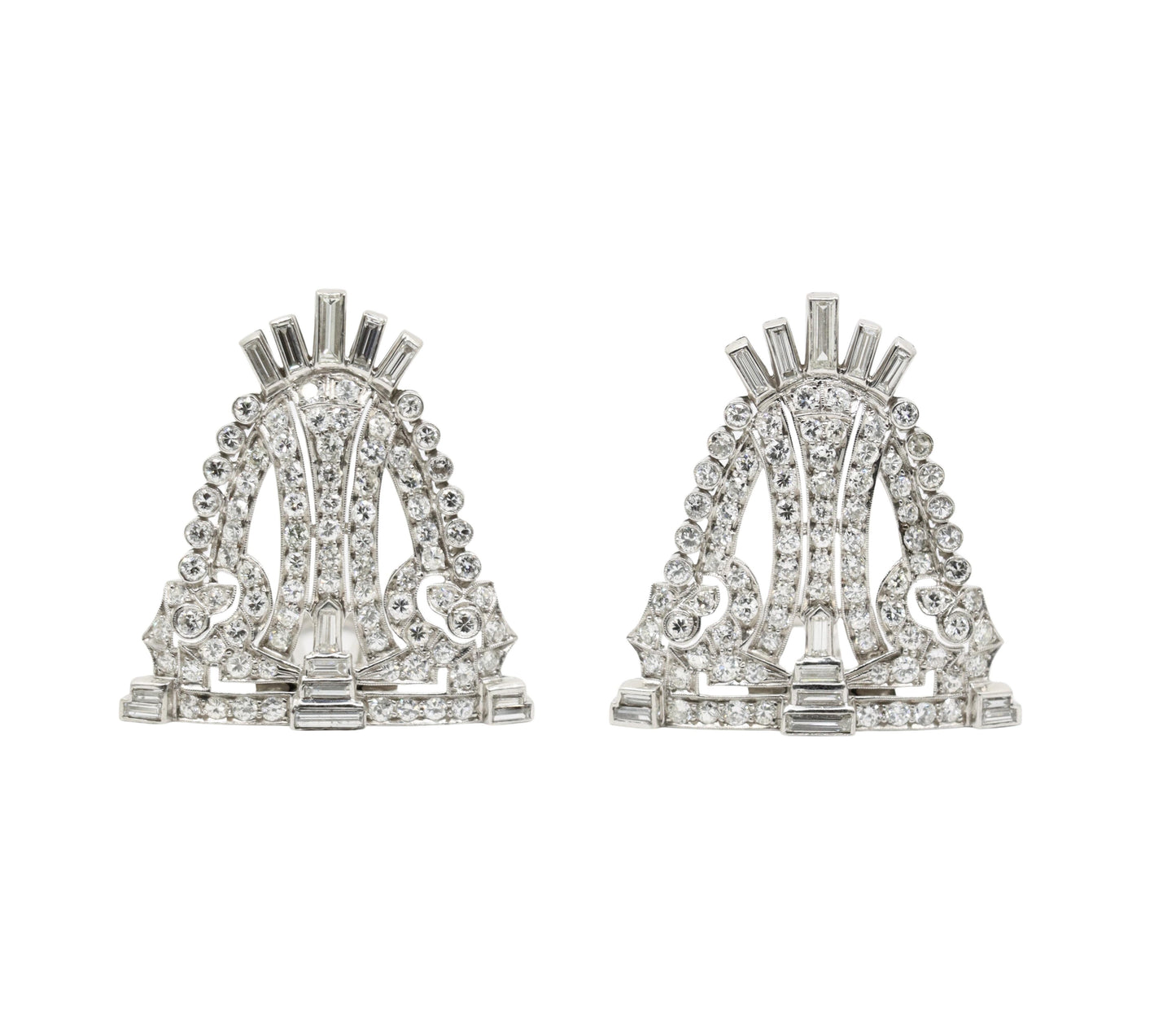 Vintage Art Deco Style Platinum Diamond Double Brooch Clips