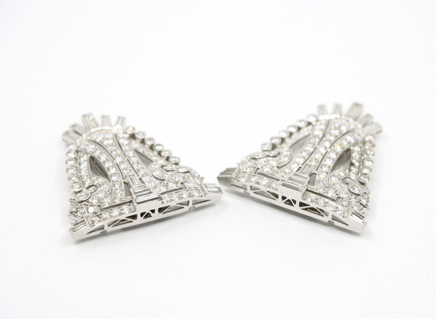 Vintage Art Deco Style Platinum Diamond Double Brooch Clips