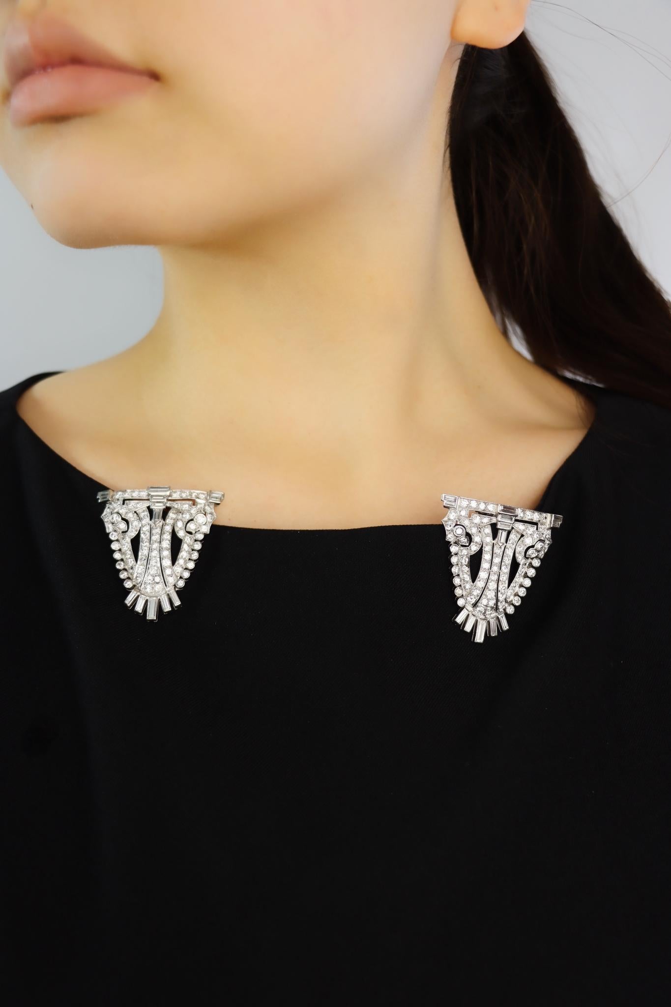 Vintage Art Deco Style Platinum Diamond Double Brooch Clips