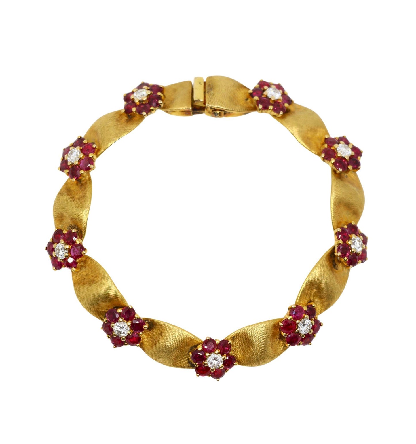 Vintage 18K Gold Ruby Diamond Flower Bracelet