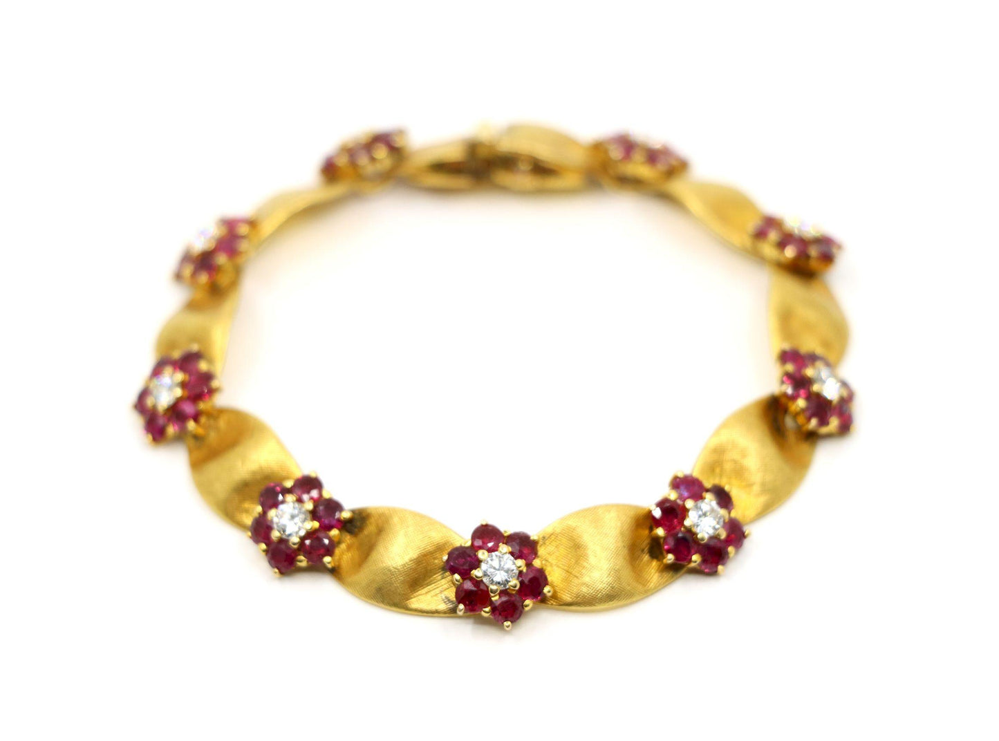 Vintage 18K Gold Ruby Diamond Flower Bracelet
