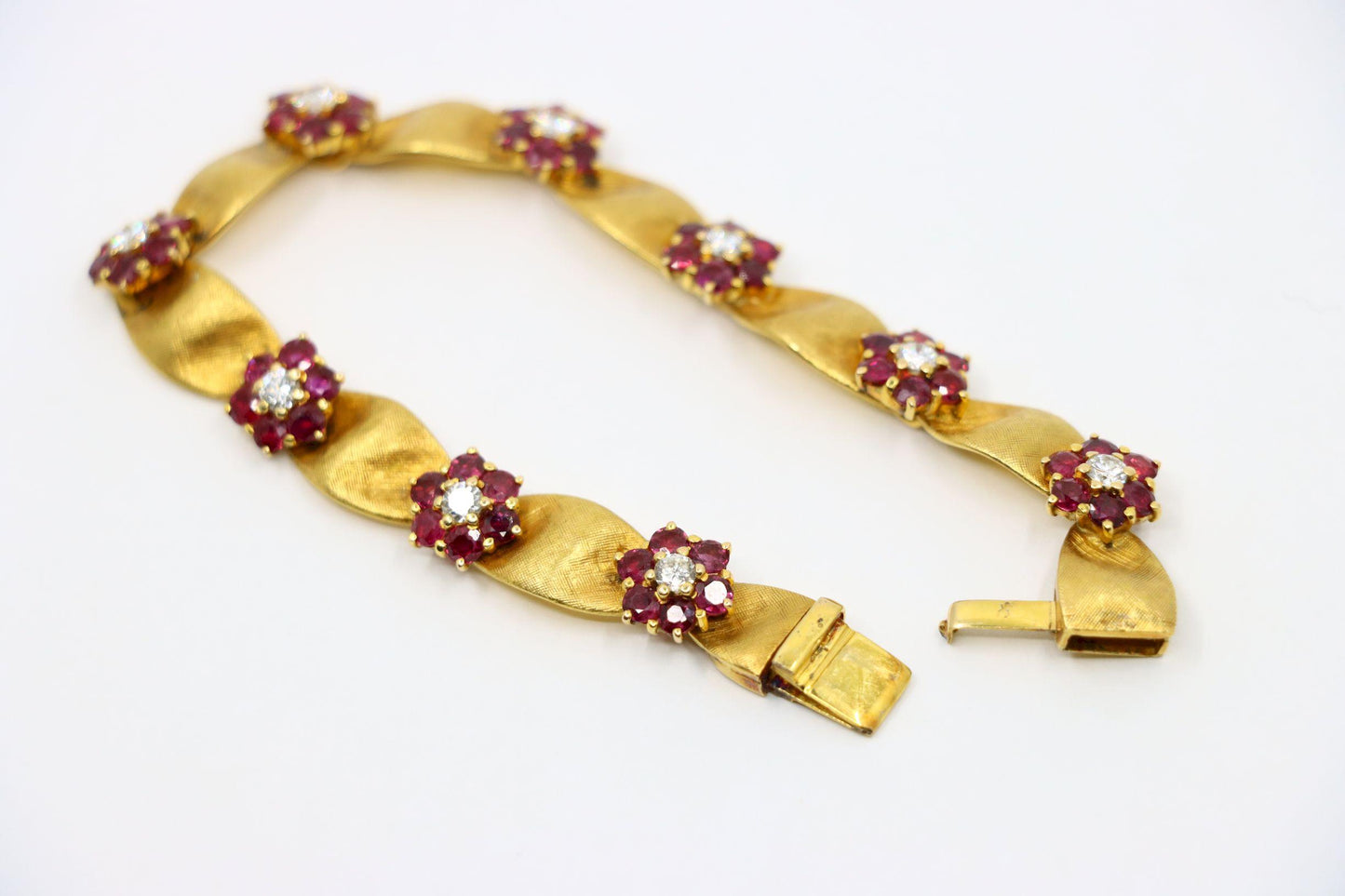 Vintage 18K Gold Ruby Diamond Flower Bracelet