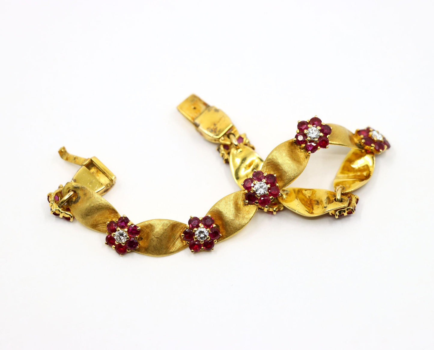 Vintage 18K Gold Ruby Diamond Flower Bracelet
