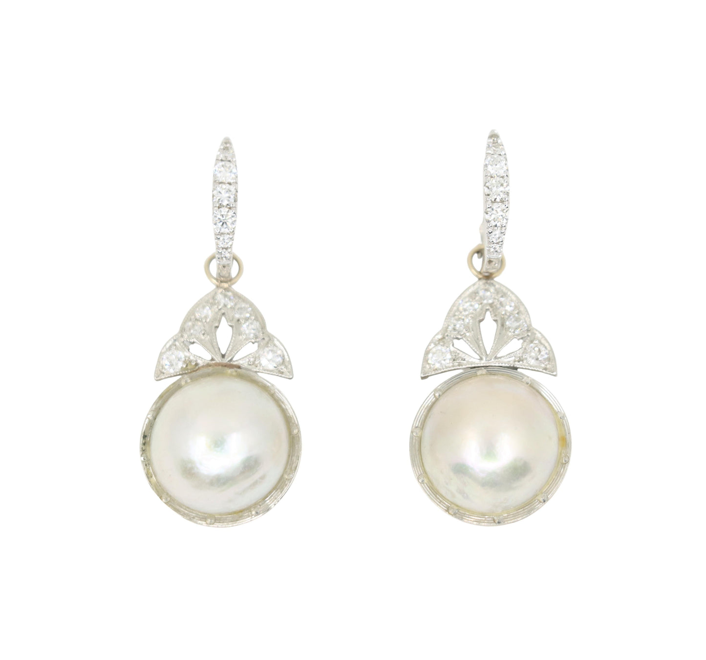 Art Deco 18K Gold & Platinum Diamond Pearl Earrings