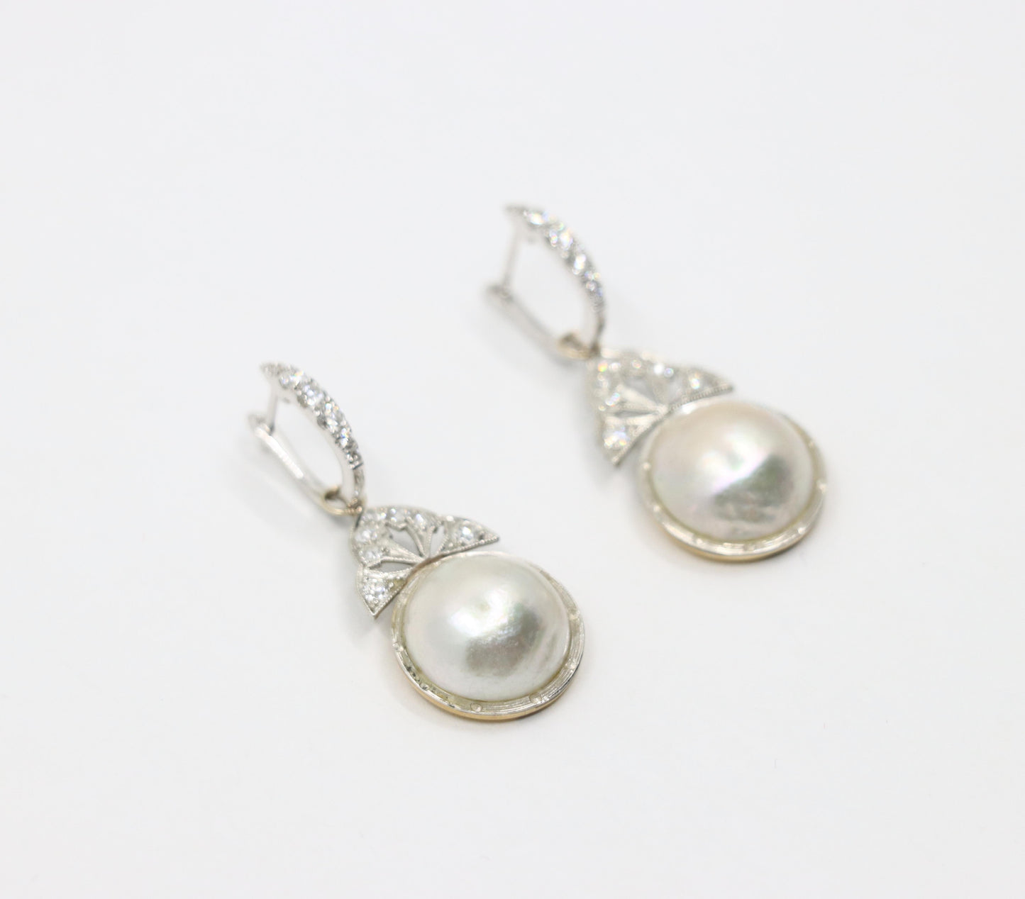 Art Deco 18K Gold & Platinum Diamond Pearl Earrings