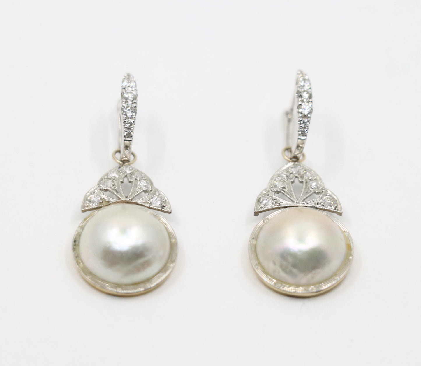 Art Deco 18K Gold & Platinum Diamond Pearl Earrings