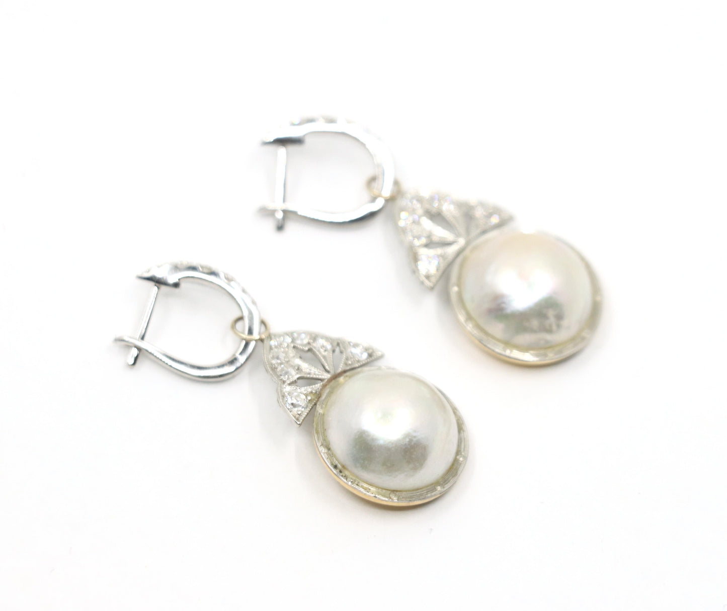 Art Deco 18K Gold & Platinum Diamond Pearl Earrings
