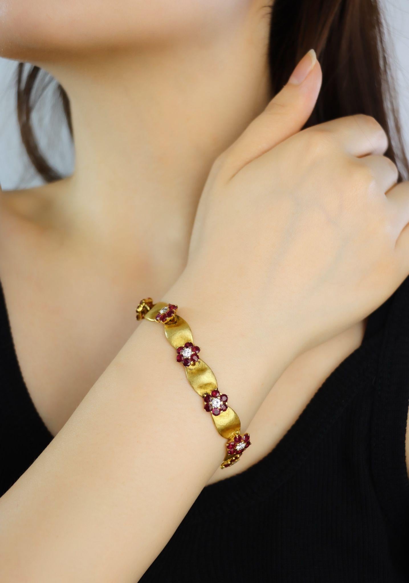 Vintage 18K Gold Ruby Diamond Flower Bracelet