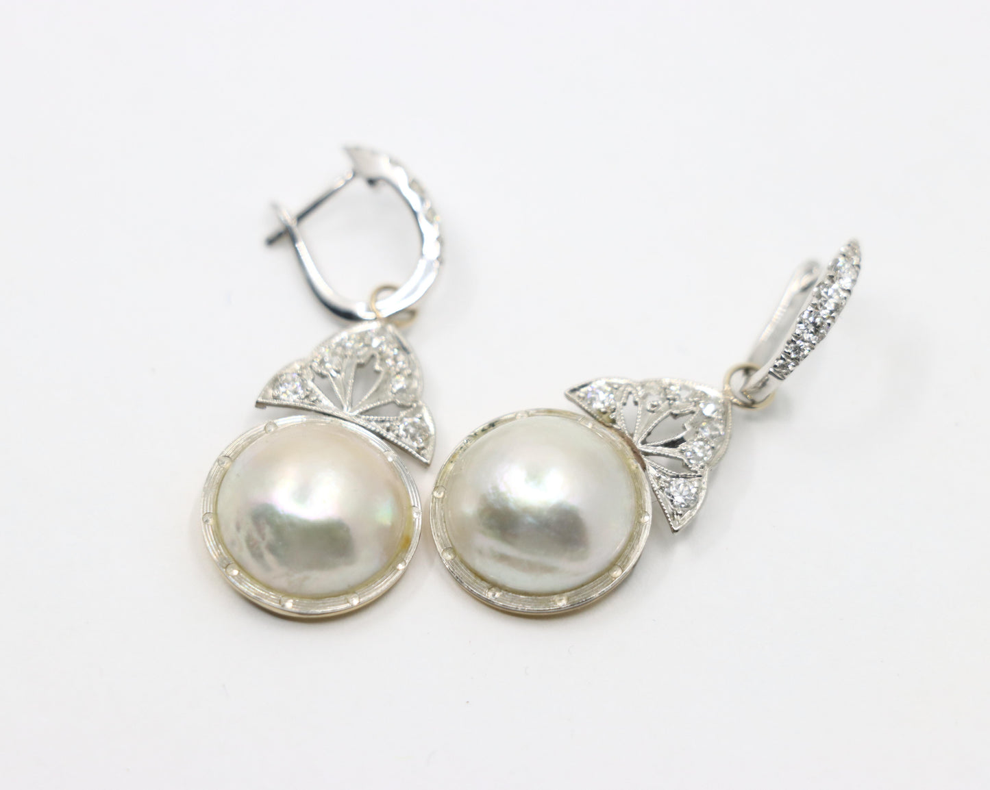 Art Deco 18K Gold & Platinum Diamond Pearl Earrings