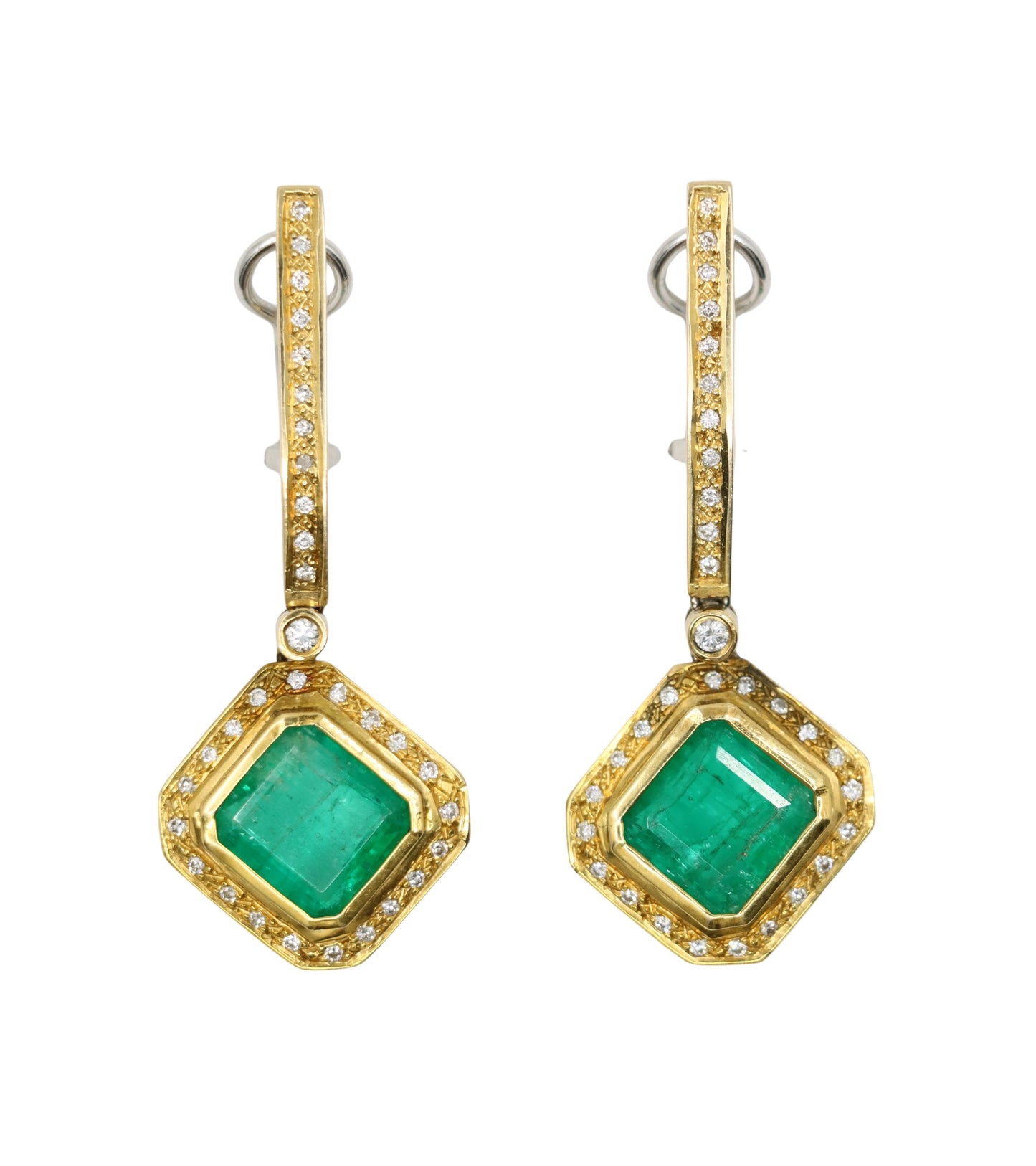 18K Yellow & White Gold Emerald Diamonds Earrings