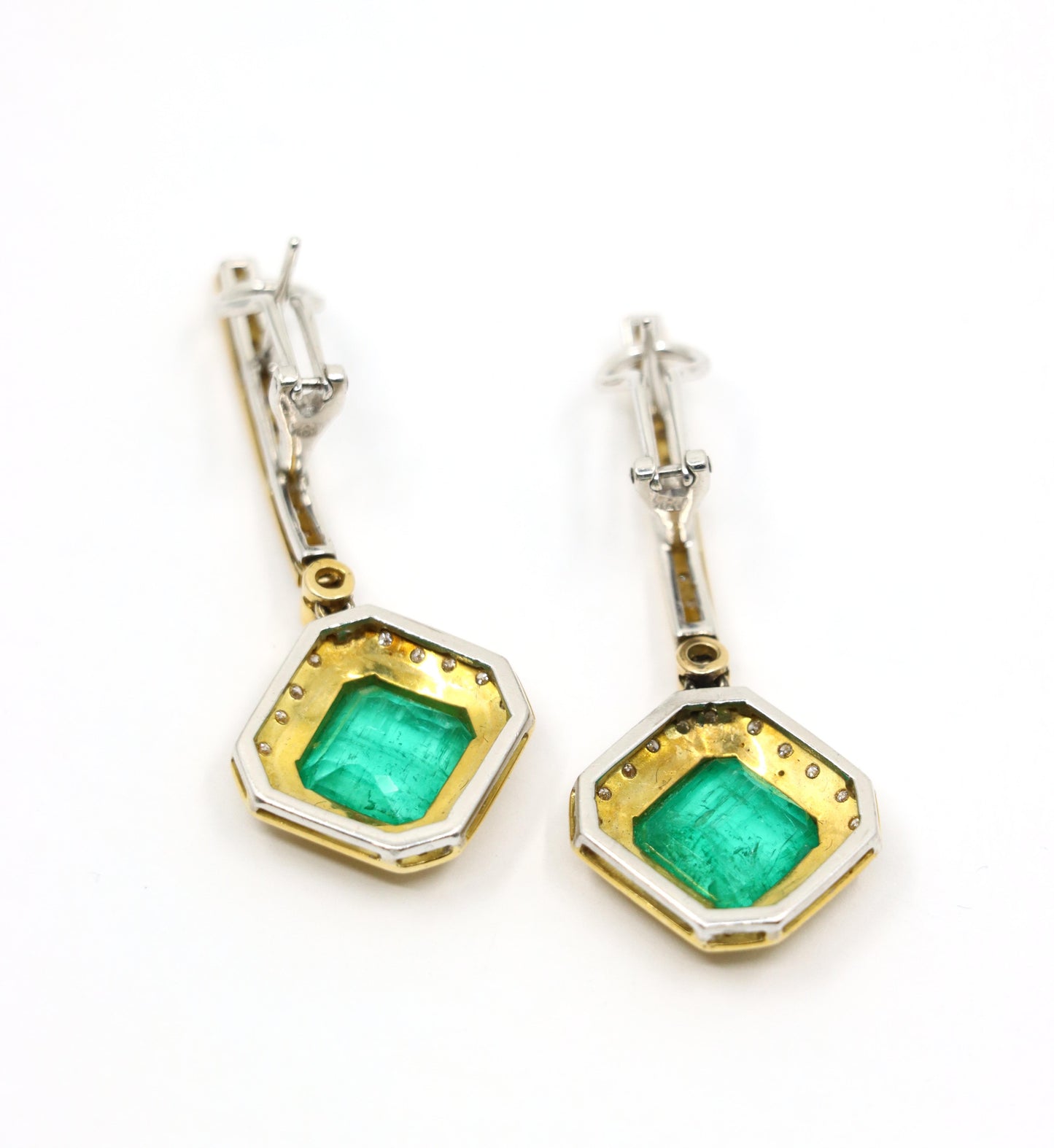 18K Yellow & White Gold Emerald Diamonds Earrings