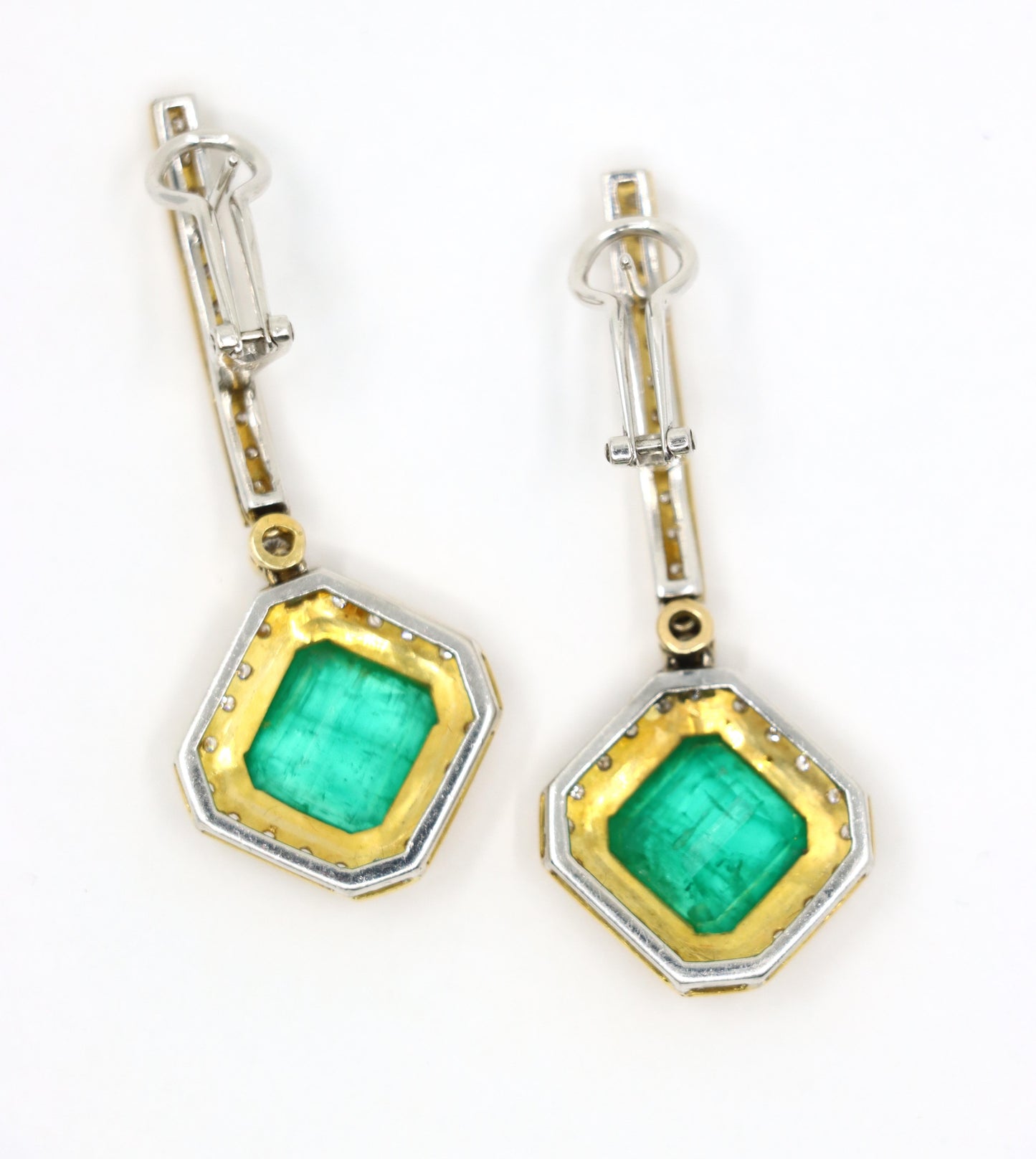 18K Yellow & White Gold Emerald Diamonds Earrings