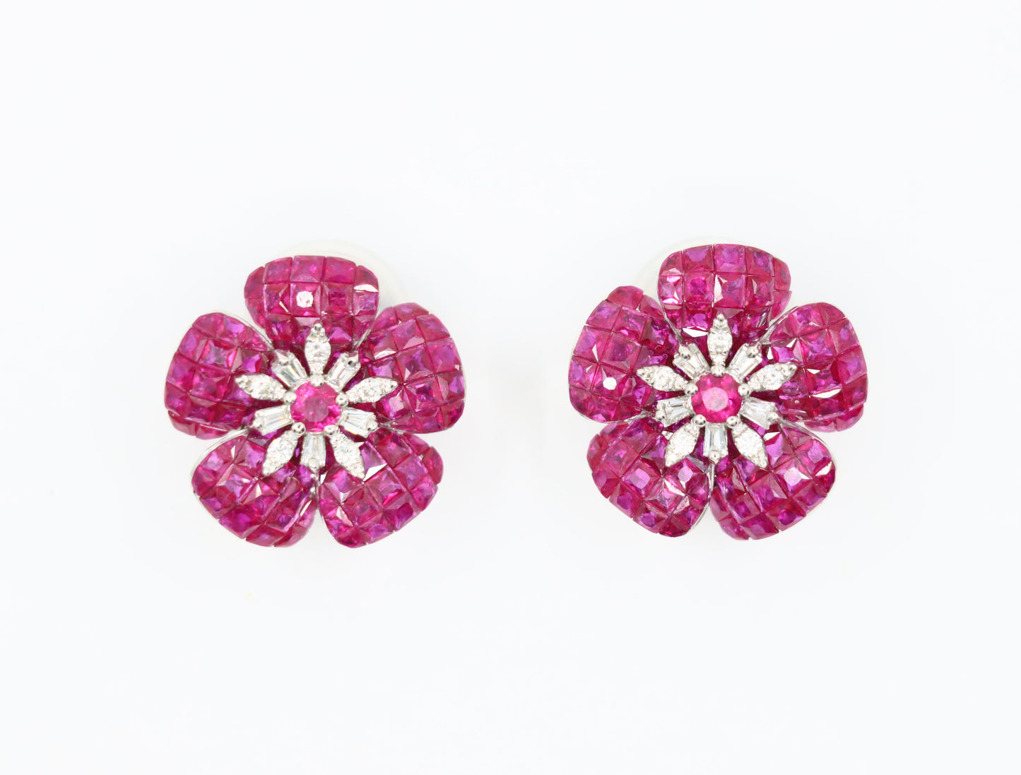 18K White Gold Diamond and Mystery Set Ruby Flower Earrings