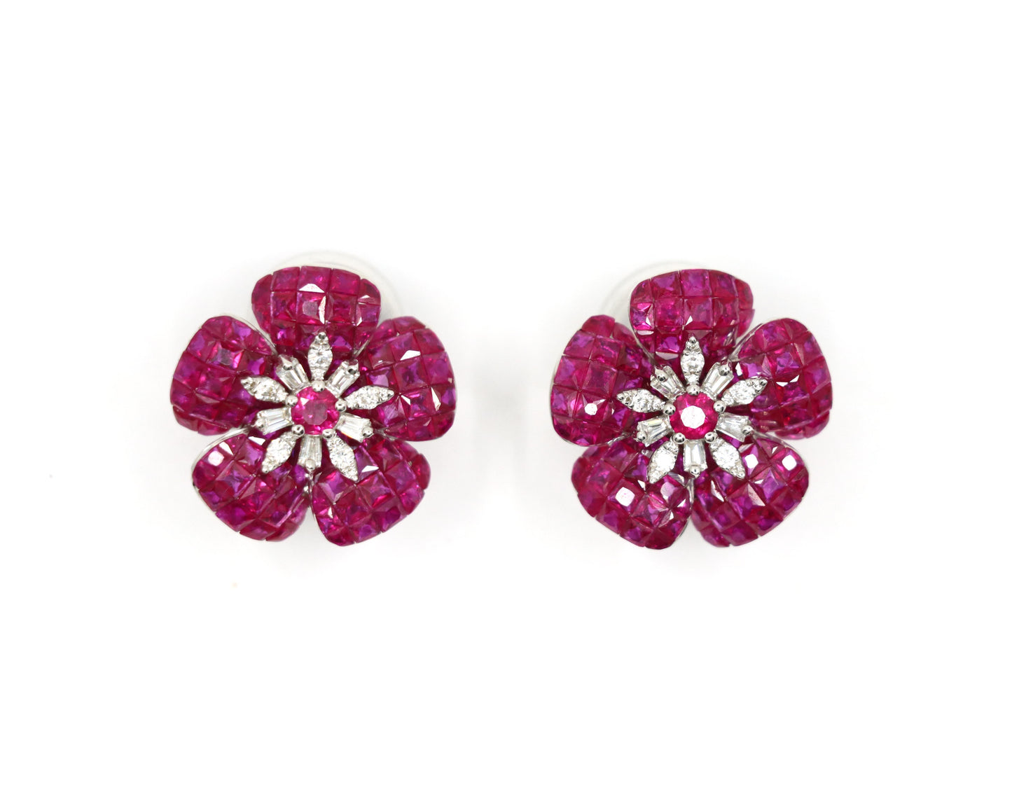 18K White Gold Diamond and Mystery Set Ruby Flower Earrings