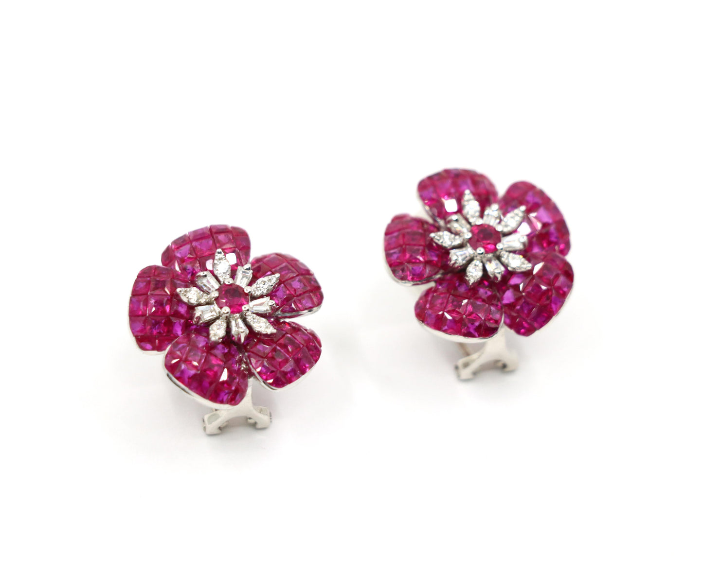 18K White Gold Diamond and Mystery Set Ruby Flower Earrings