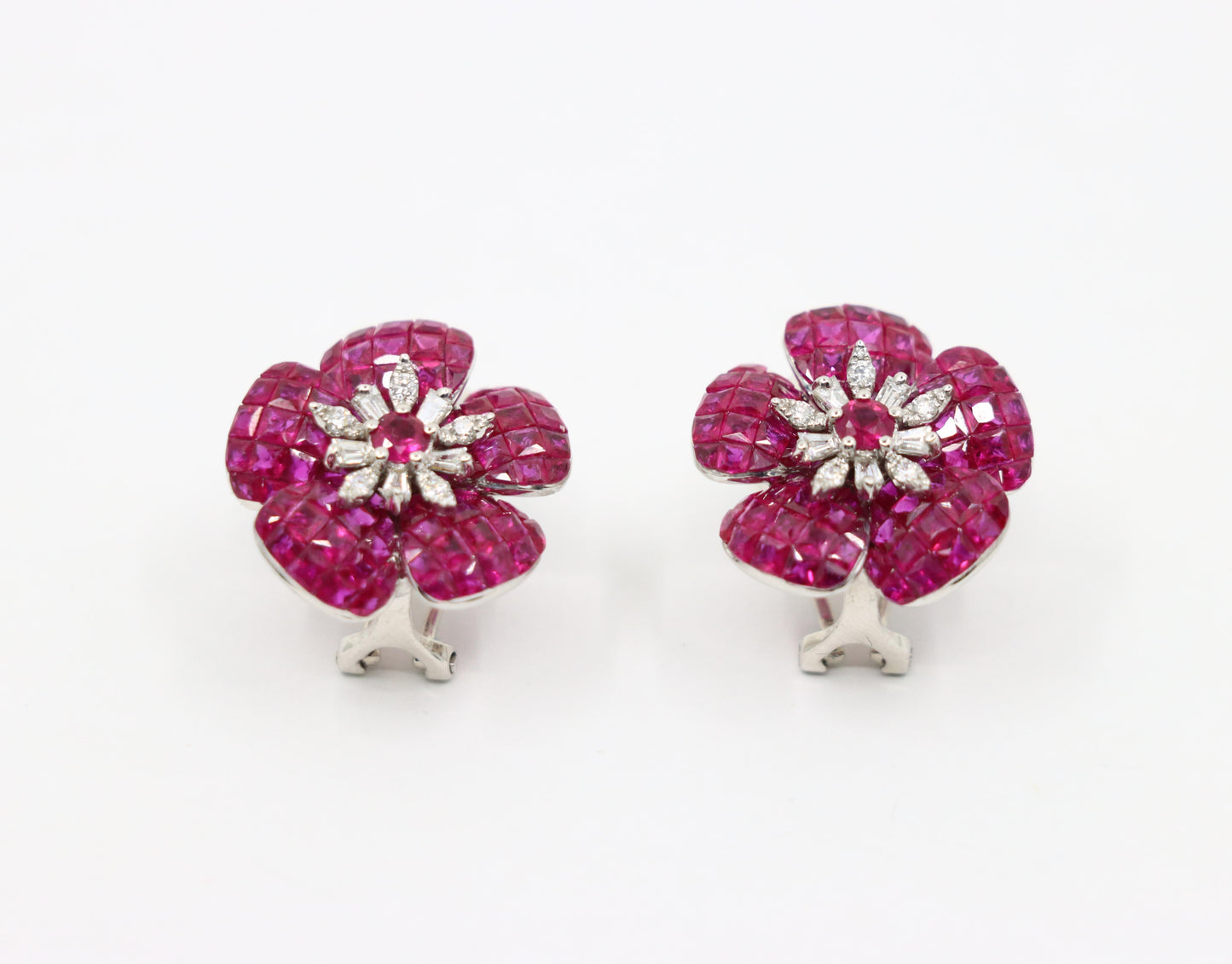 18K White Gold Diamond and Mystery Set Ruby Flower Earrings