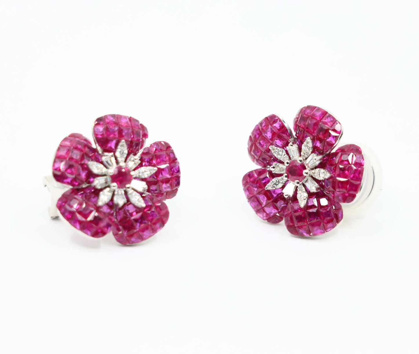 18K White Gold Diamond and Mystery Set Ruby Flower Earrings
