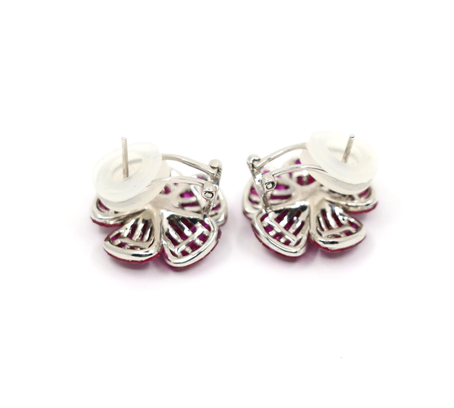 18K White Gold Diamond and Mystery Set Ruby Flower Earrings
