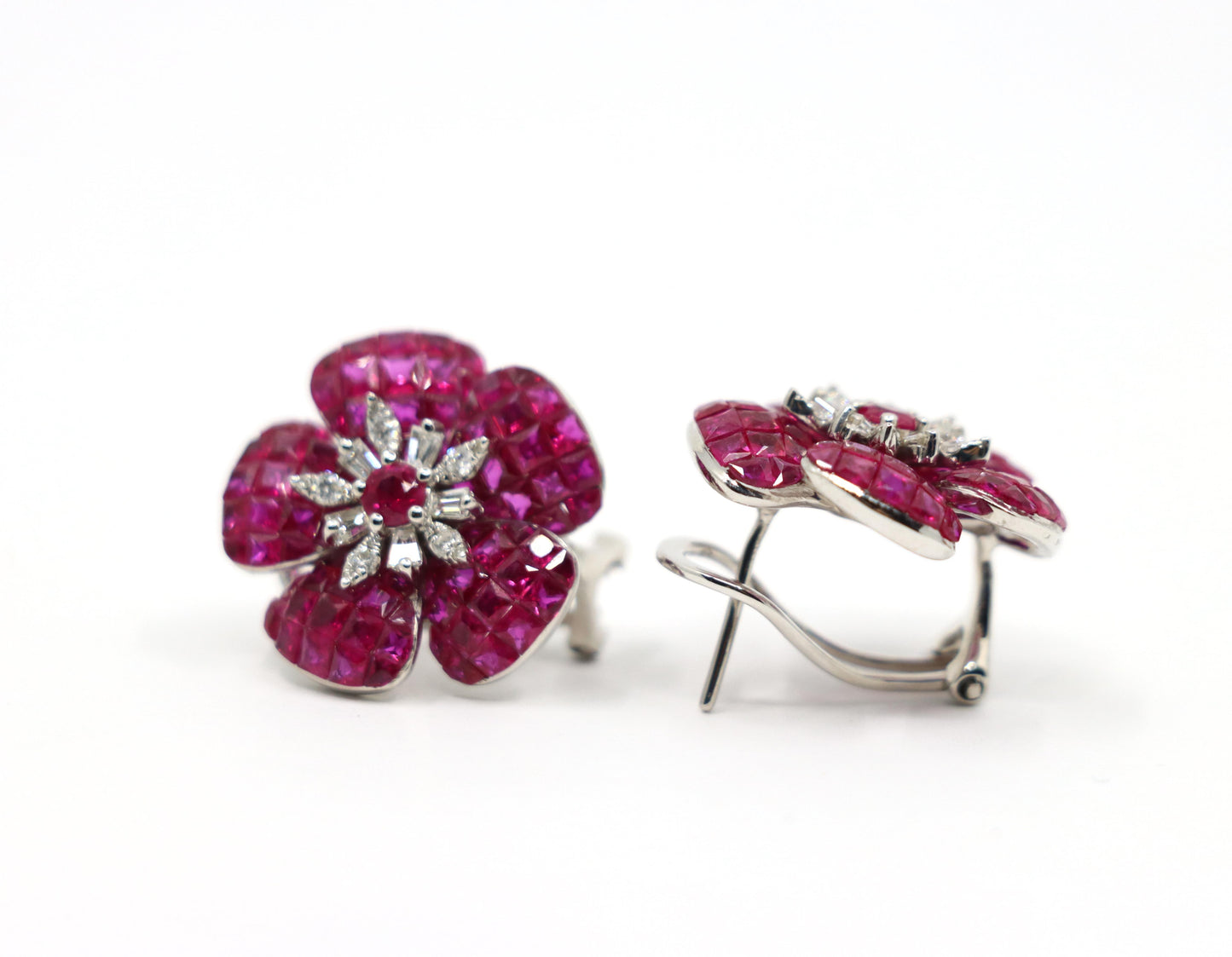 18K White Gold Diamond and Mystery Set Ruby Flower Earrings