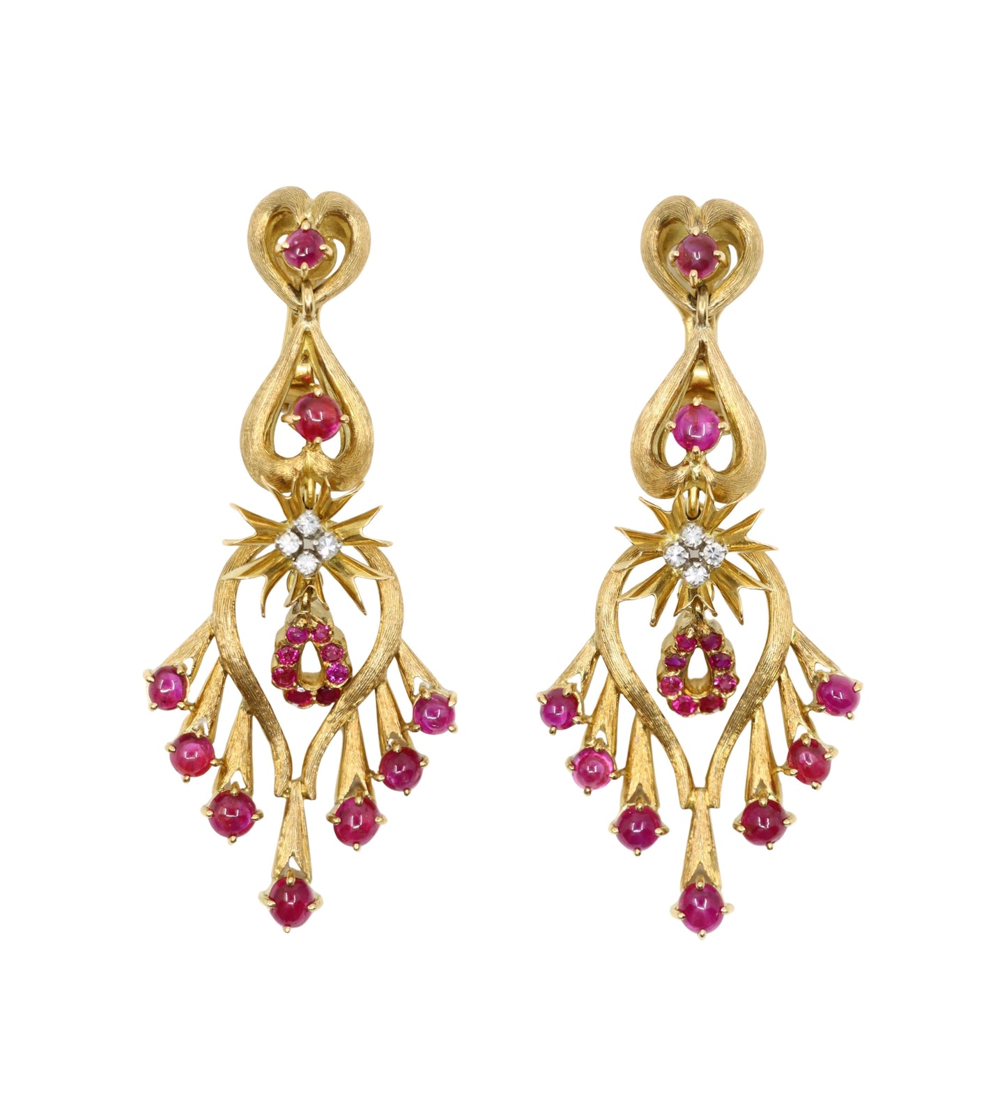 Vintage 18K Gold Ruby Diamonds Chandelier Earrings